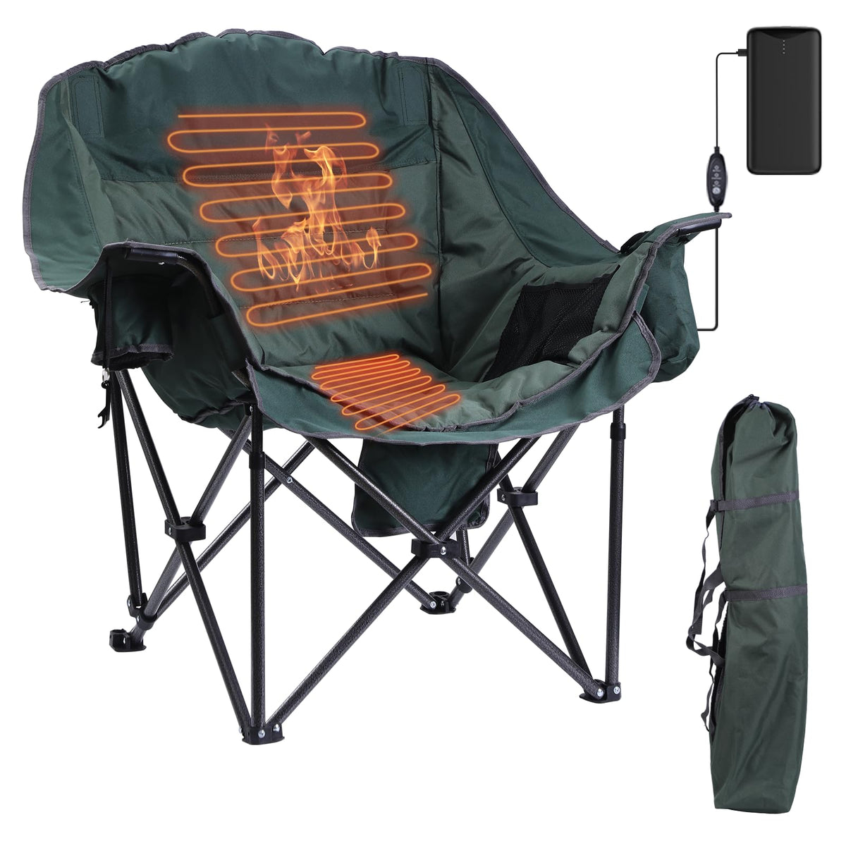 CDEN heated padded chair front view with oversized, cozy seating for chilly evenings.