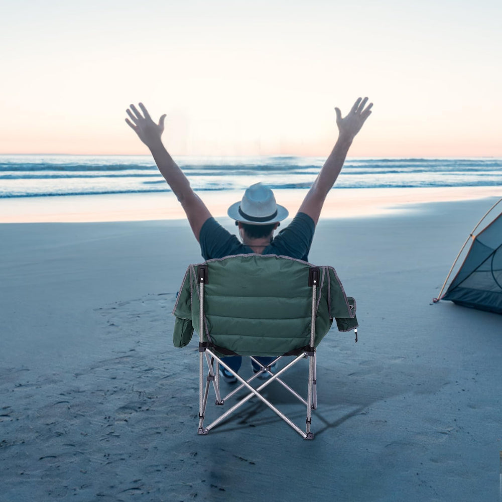 CDEN oversized camping chair in-use on outdoor picnic or festival