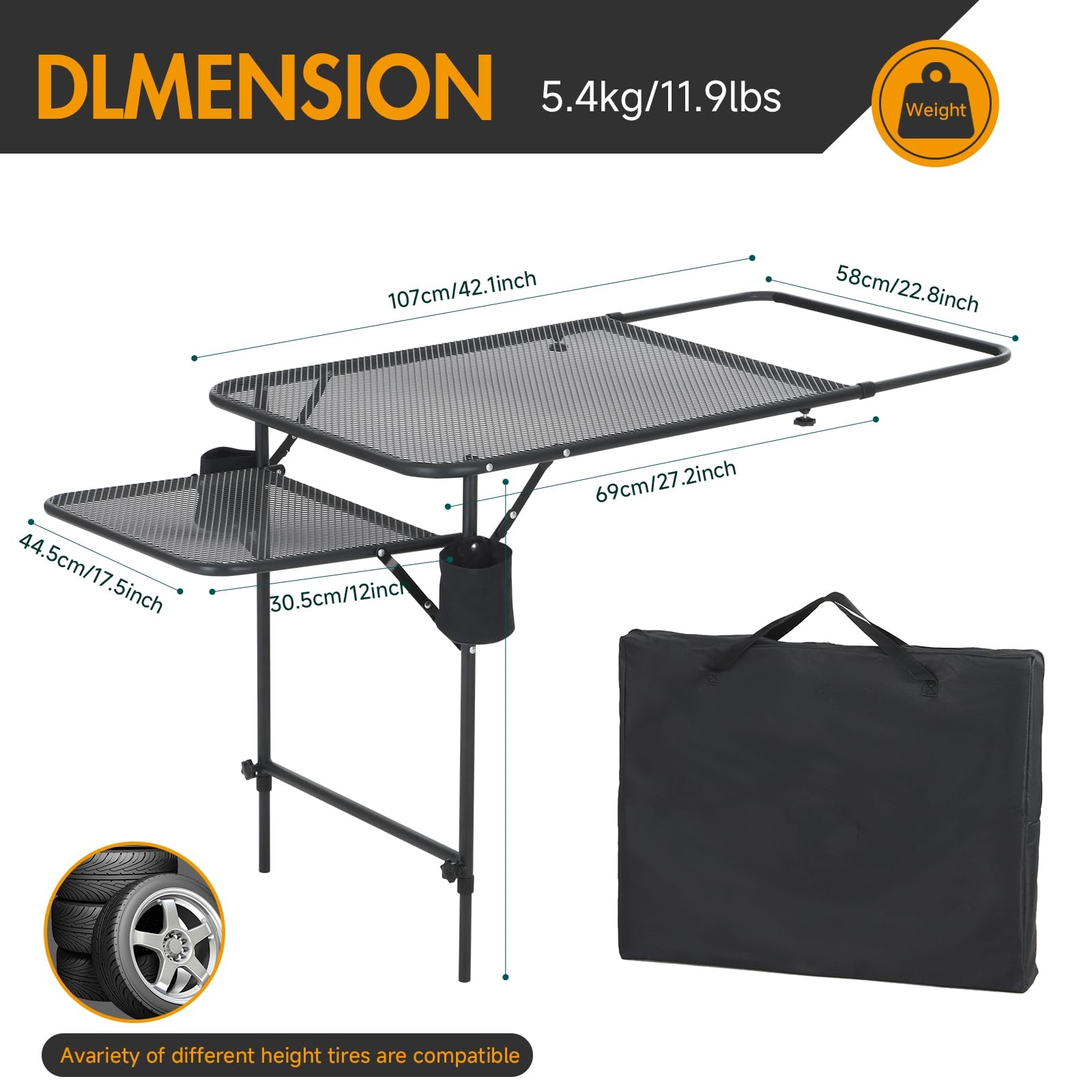 CDEN tailgate table with built-in side table for extra prep space