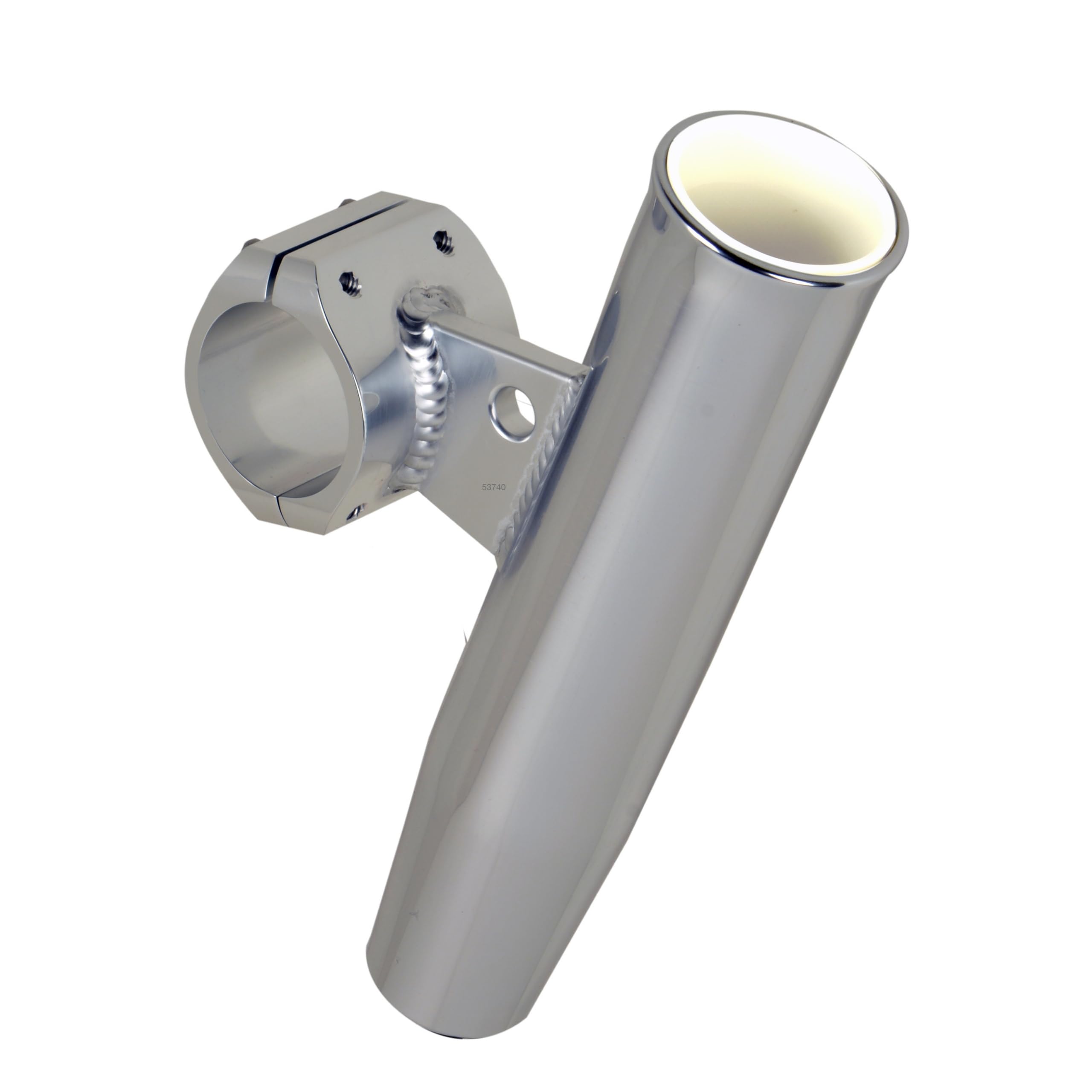 CE Smith aluminum rod holder with horizontal clamp on boat rail for secure rod storage.