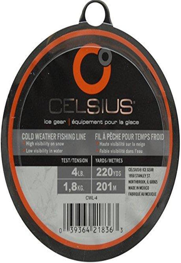 Celsius cold-weather monofilament line 220 yards, high visibility for ice fishing.