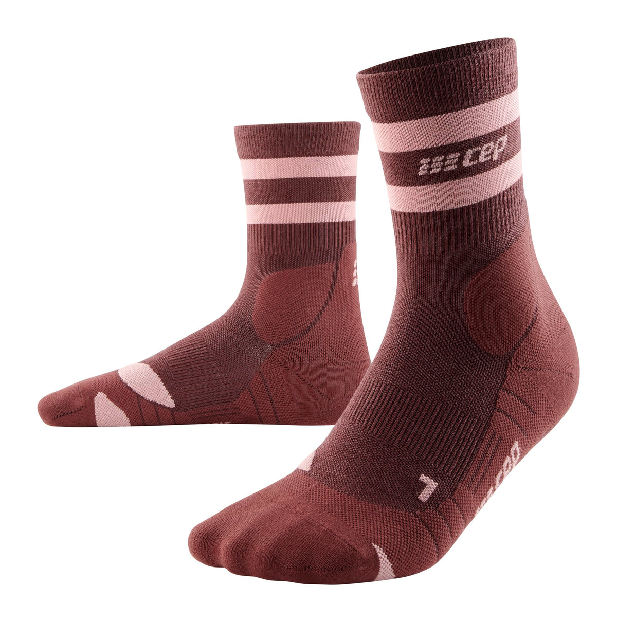 CEP 80's Hiking Mid Cut Compression Sock brown rose colorway, ideal for blister prevention on long hikes.