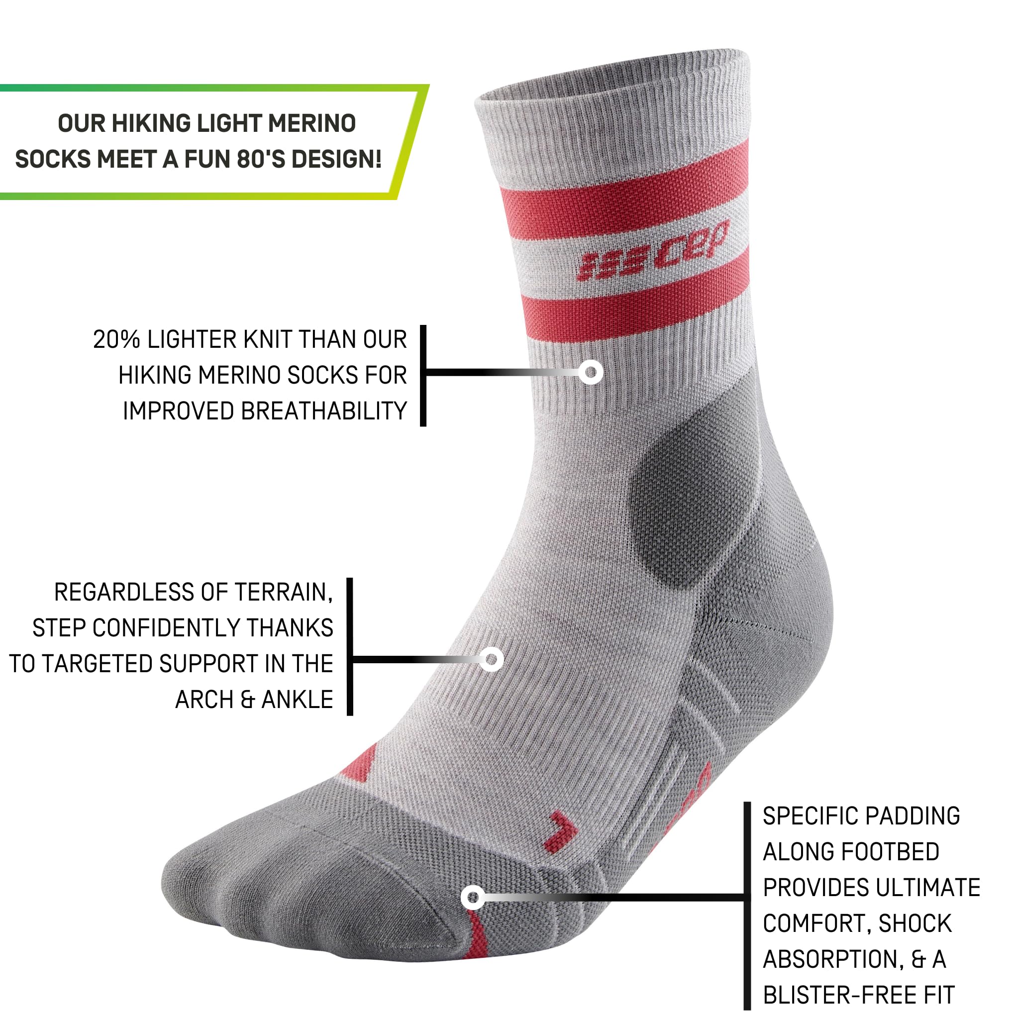 CEP 80's hiking mid-cut socks with asymmetric toe box for improved fit.