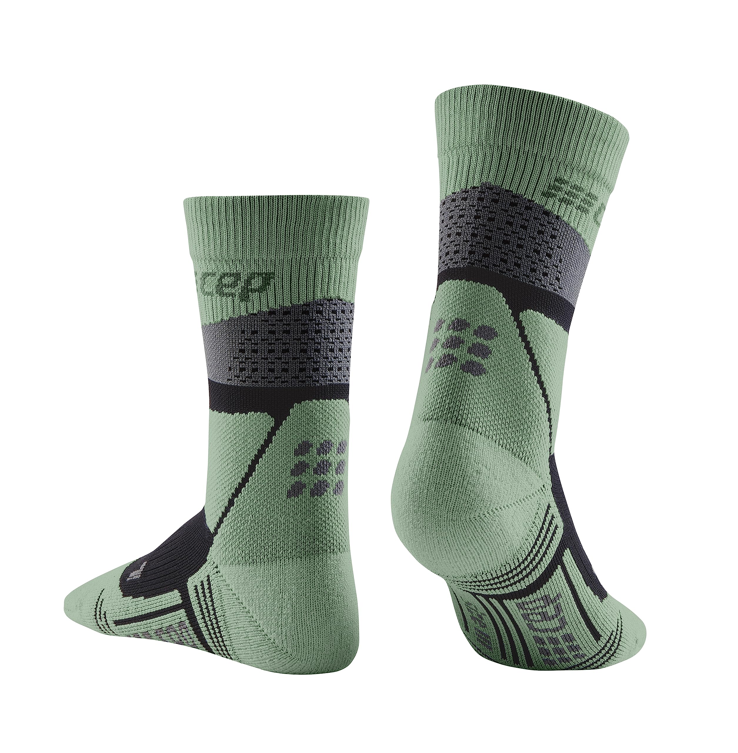 CEP Max Cushion hiking socks grey black, cushion-detail image shows generous foot cushioning.