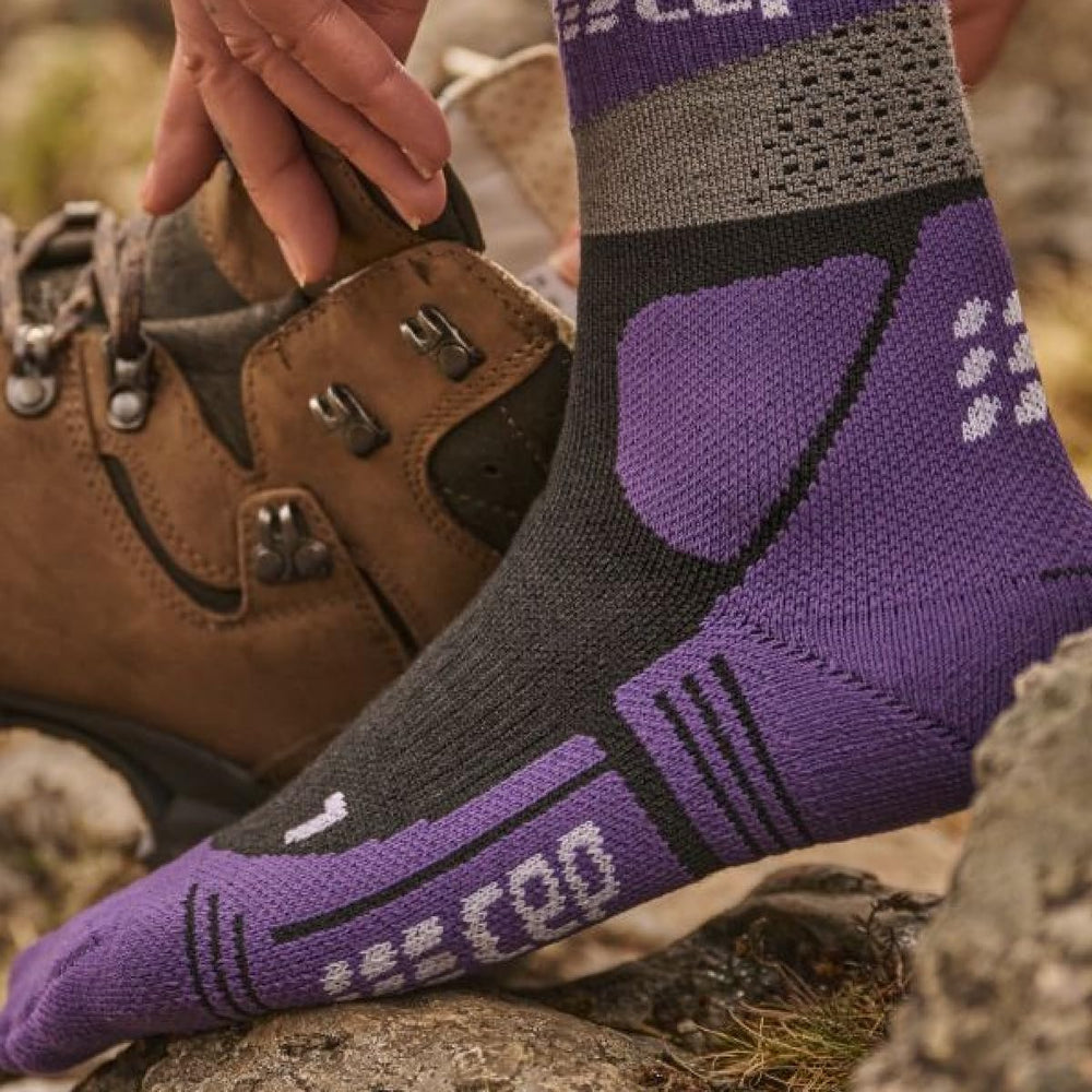 CEP Max Cushion Hiking Tall compression socks gray-purple left side view highlighting instep padding