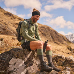 CEP Merino Wool hiking tall sock green/grey front view emphasizing warmth and moisture management.