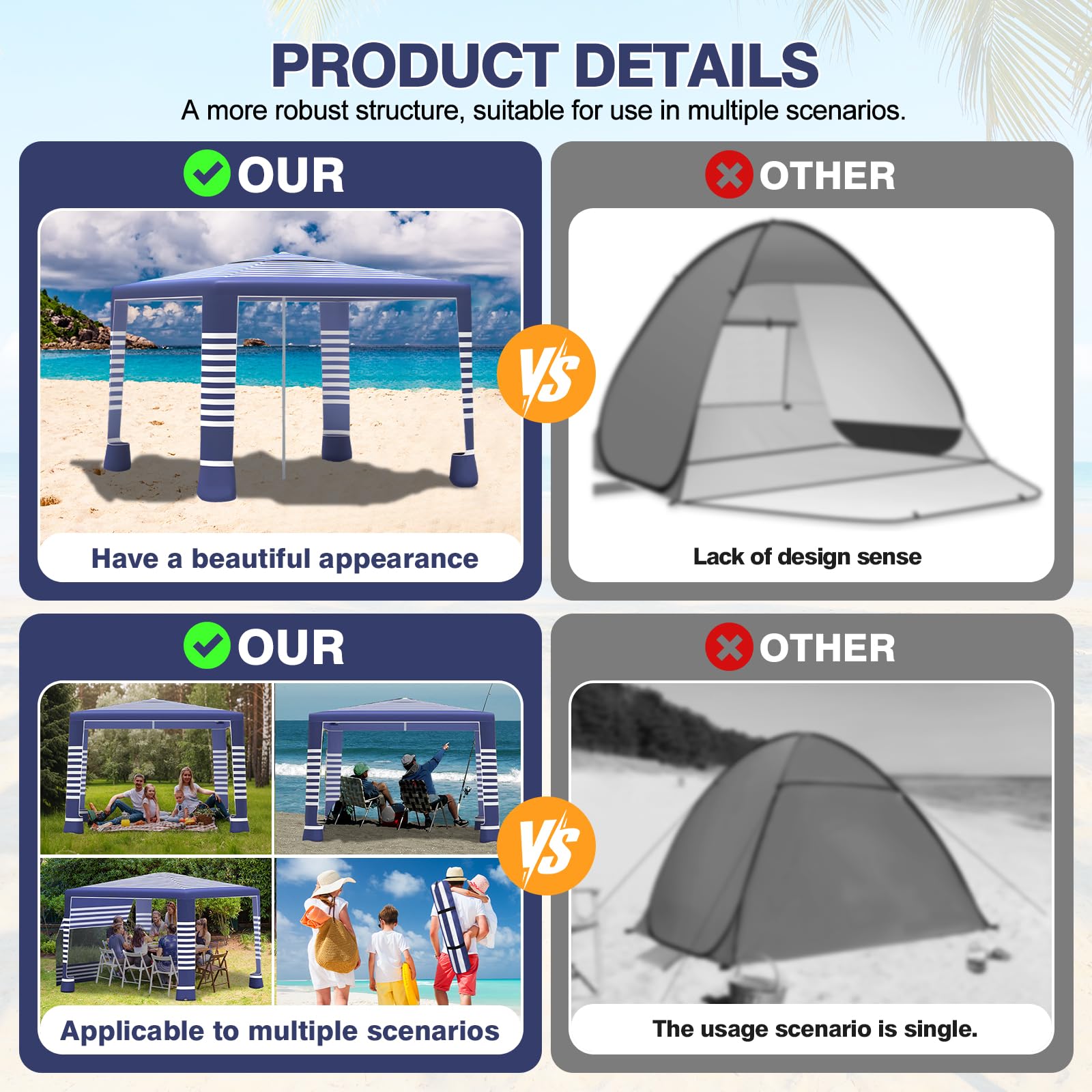 cepkquis Beach Tent wind-vent design and mesh panels promote cooling air.