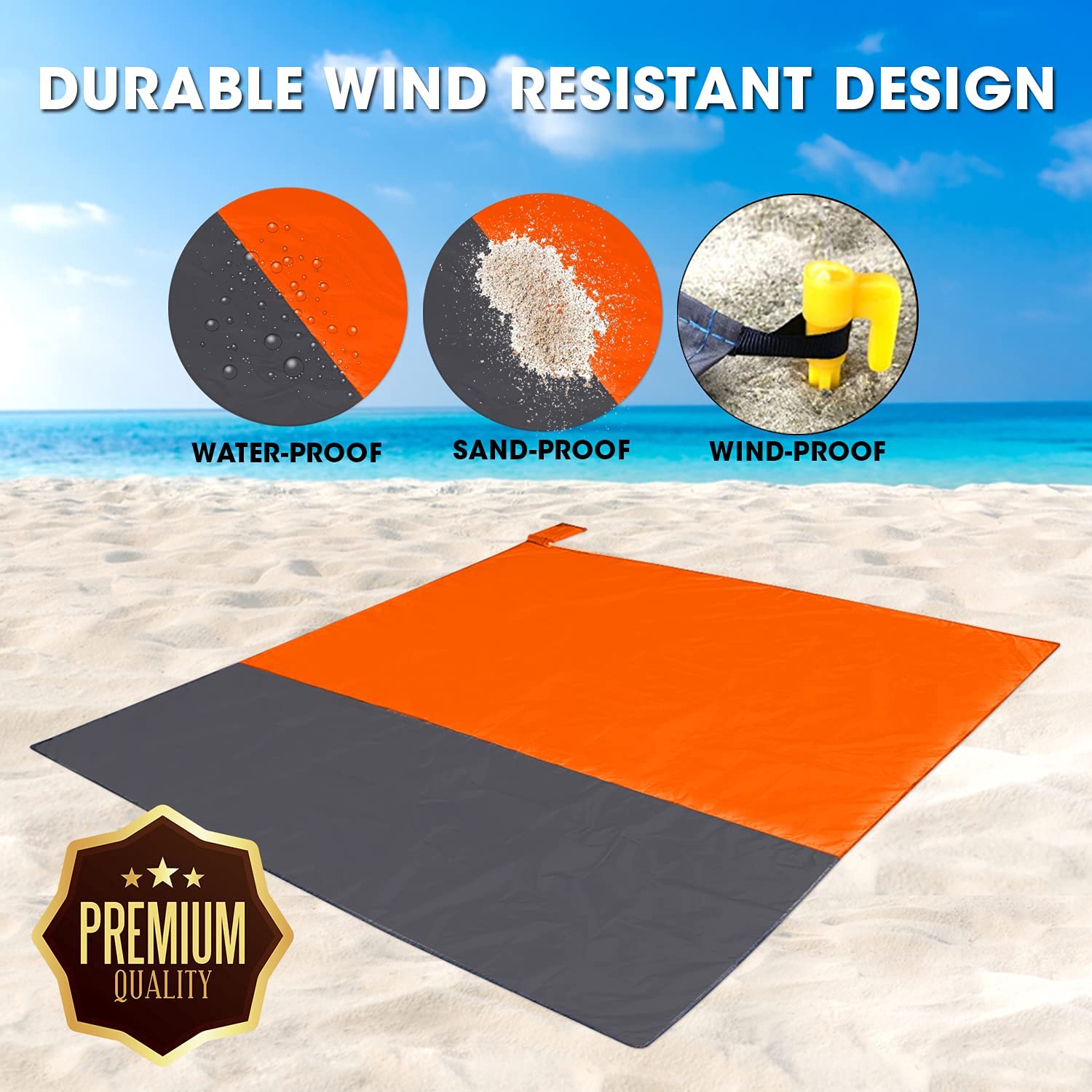 CEREM Beach Blanket XL secured with stakes for wind resistance during outdoor use.