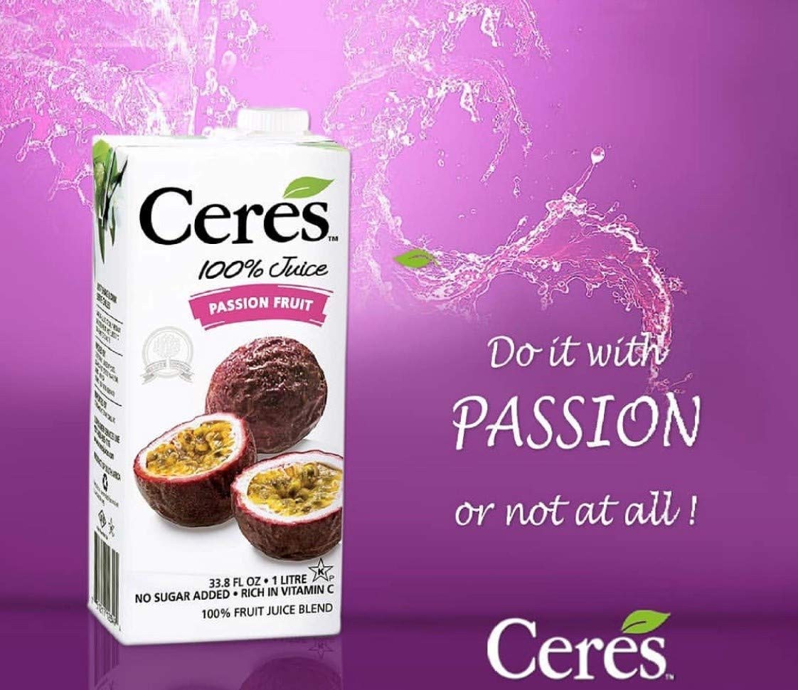 Ceres Passion Fruit Juice glass ready to enjoy with no added sugar.