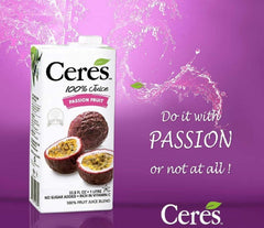 Ceres Passion Fruit Juice glass ready to enjoy with no added sugar.