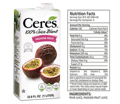 Ceres Passion Fruit juice being poured, showcasing tropical flavor for smoothies.