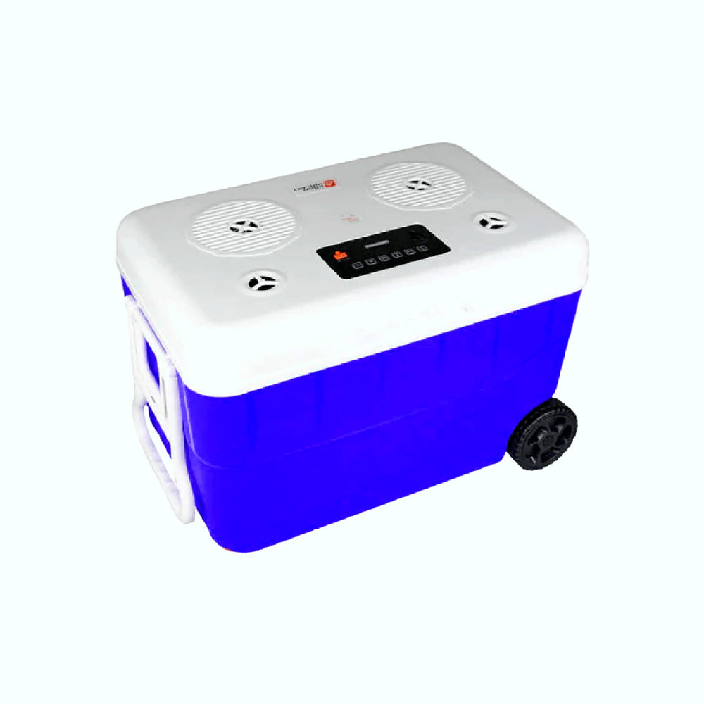 Cerwin Vega 55QT cooler exterior highlighting rugged, waterproof design for outdoor parties.