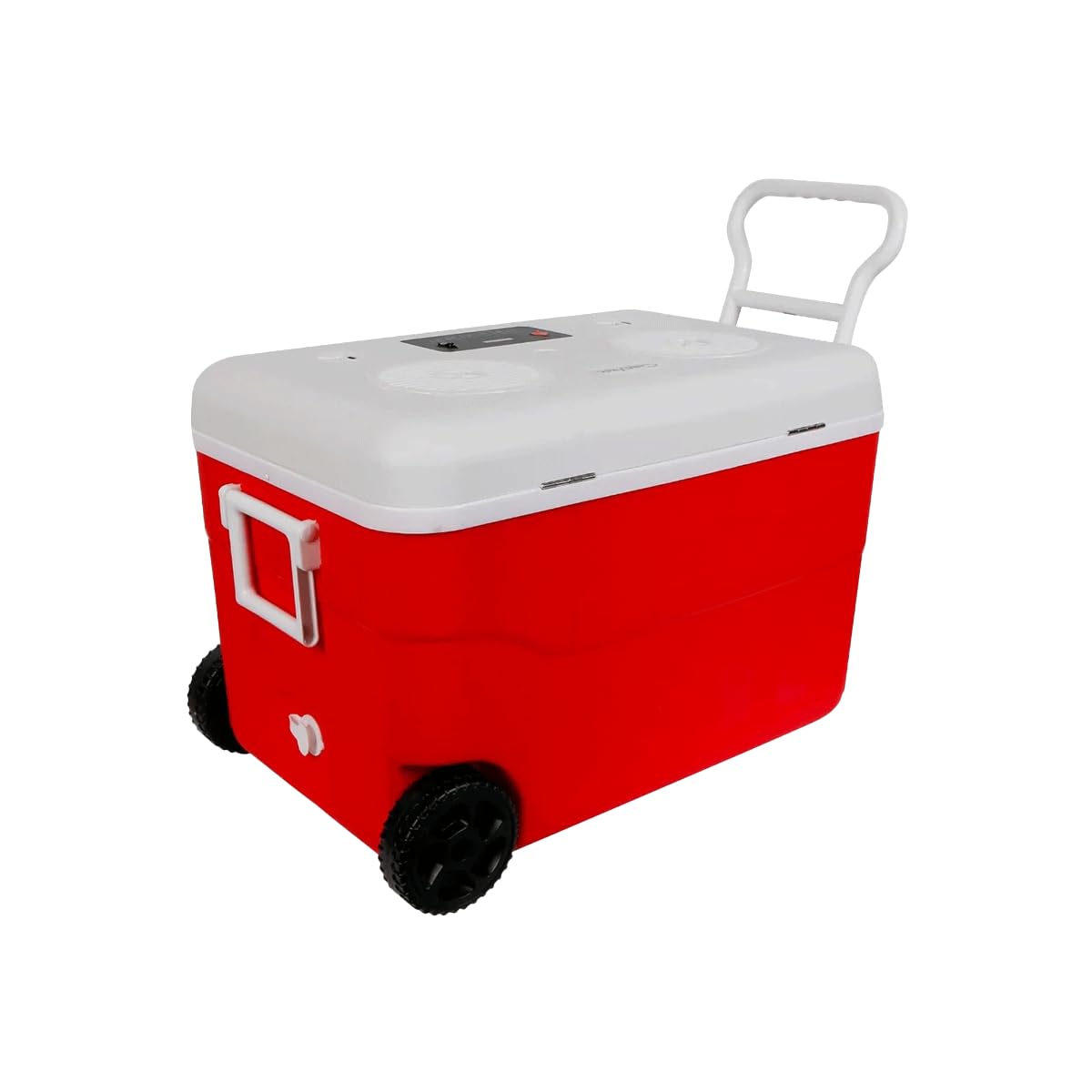 Cerwin Vega 55QT red cooler with 6.5-inch marine speakers, immersive outdoor sound.
