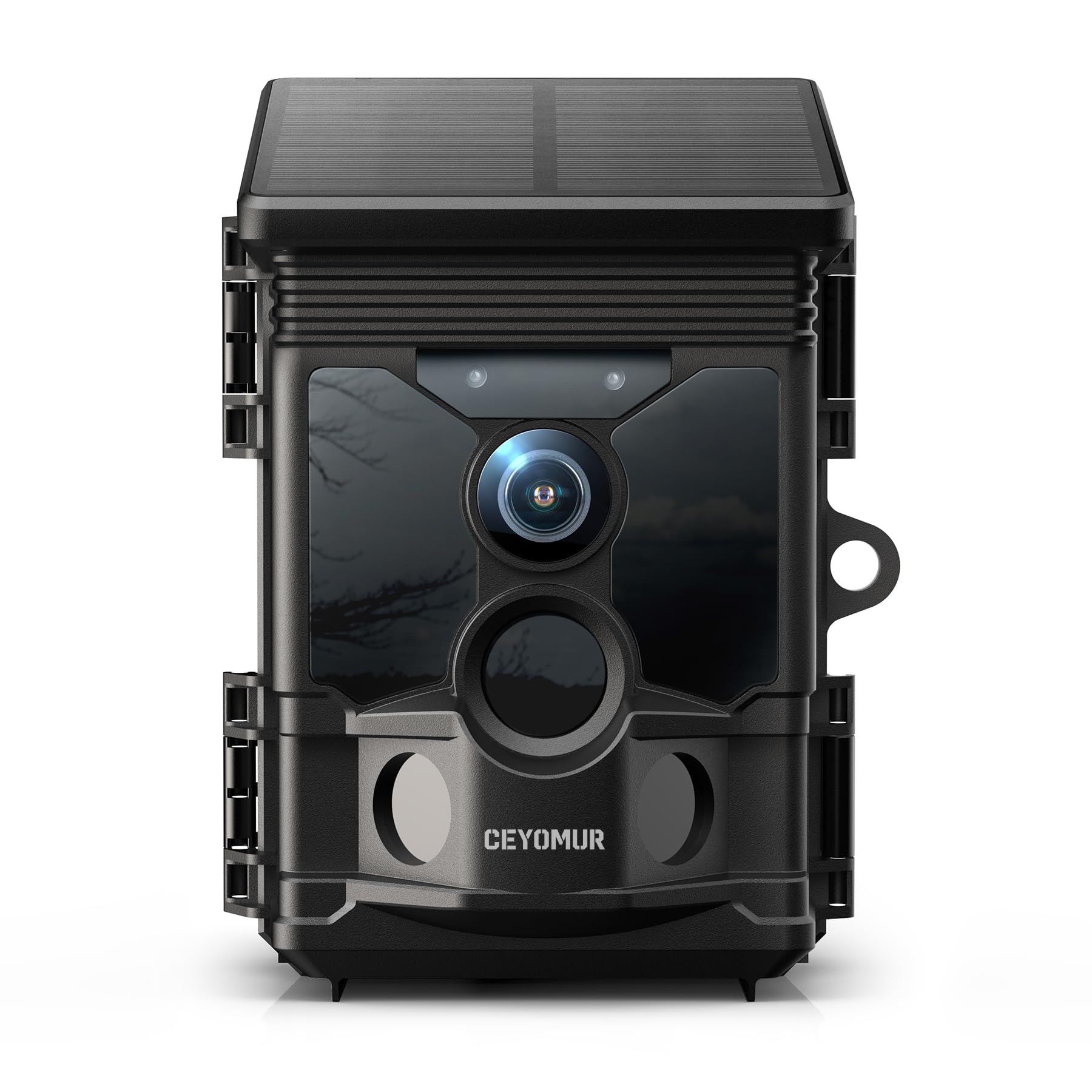 CEYOMUR solar trail camera front view shows rugged outdoor design for reliable outdoor scouting.