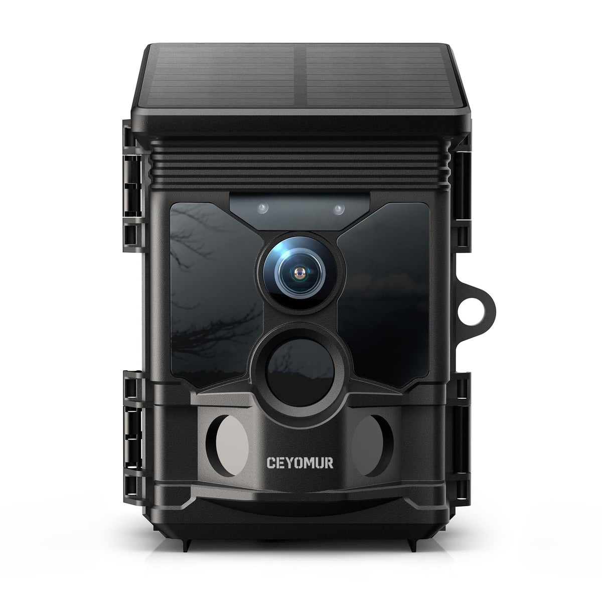 CEYOMUR solar trail camera front view shows rugged outdoor design for reliable outdoor scouting.
