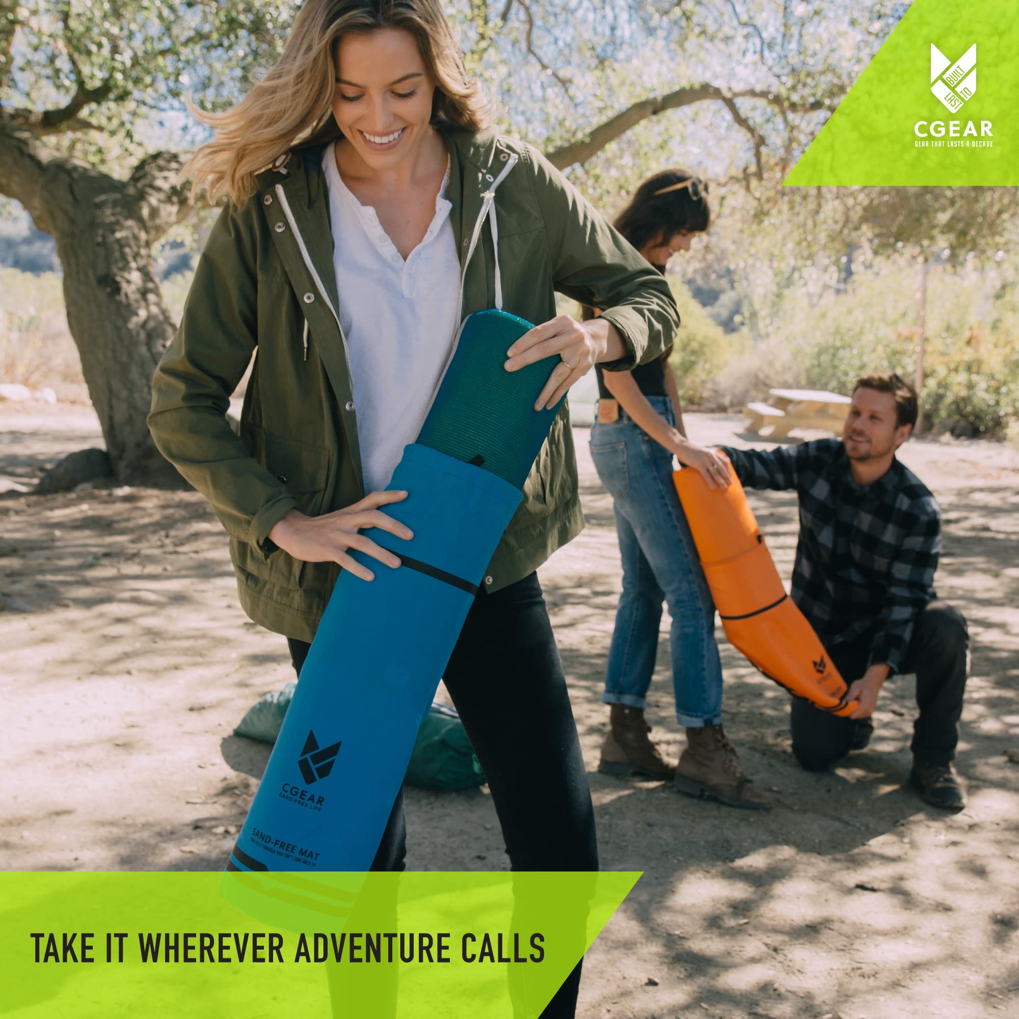 CGEAR Original Sand-Free Mat wind-stable corners enable secure staking.