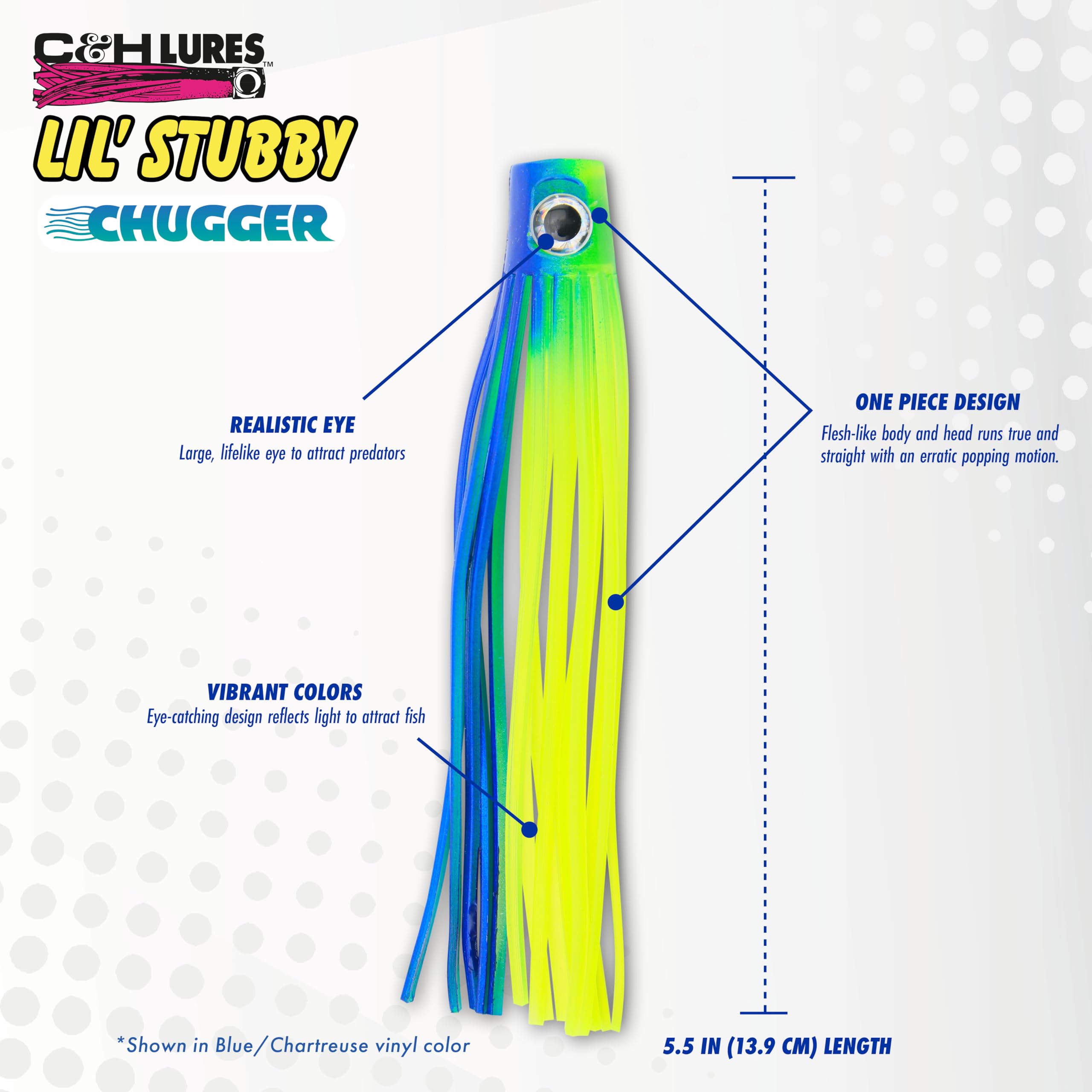 C&H Lures Lil Stubby Chugger with ballyhoo for enhanced strikes.