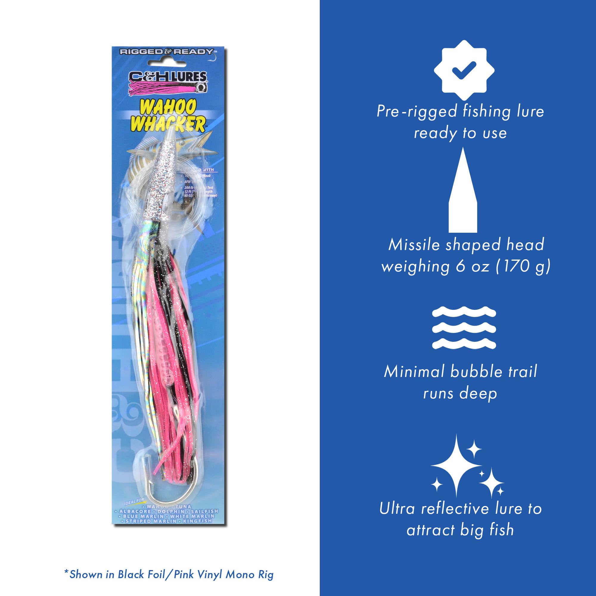 C&H Lures Wahoo Whacker with 10/0 Mustad hook for strong hookups.