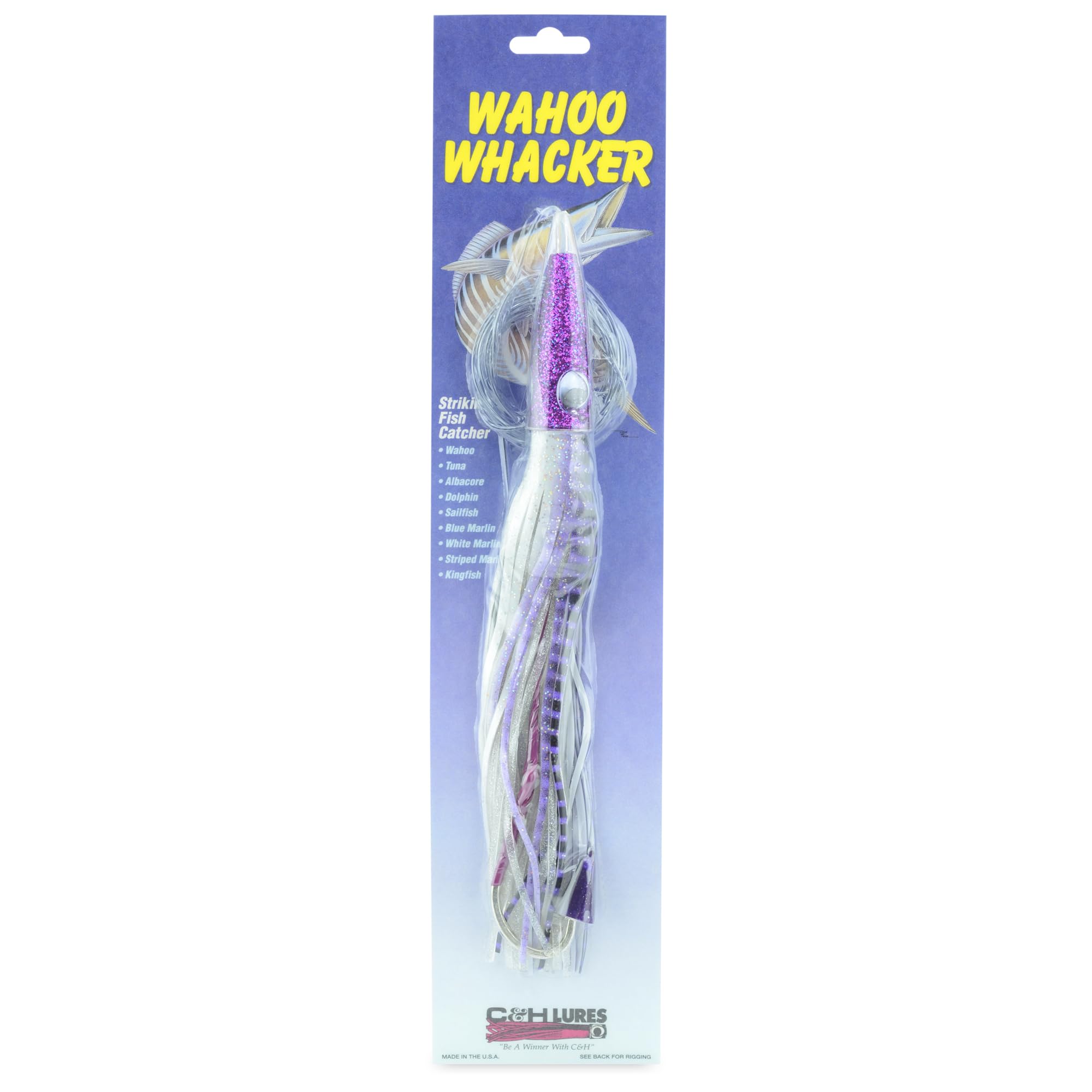 C&H Lures Wahoo Whacker purple/white skirt enhances visibility during trolling.