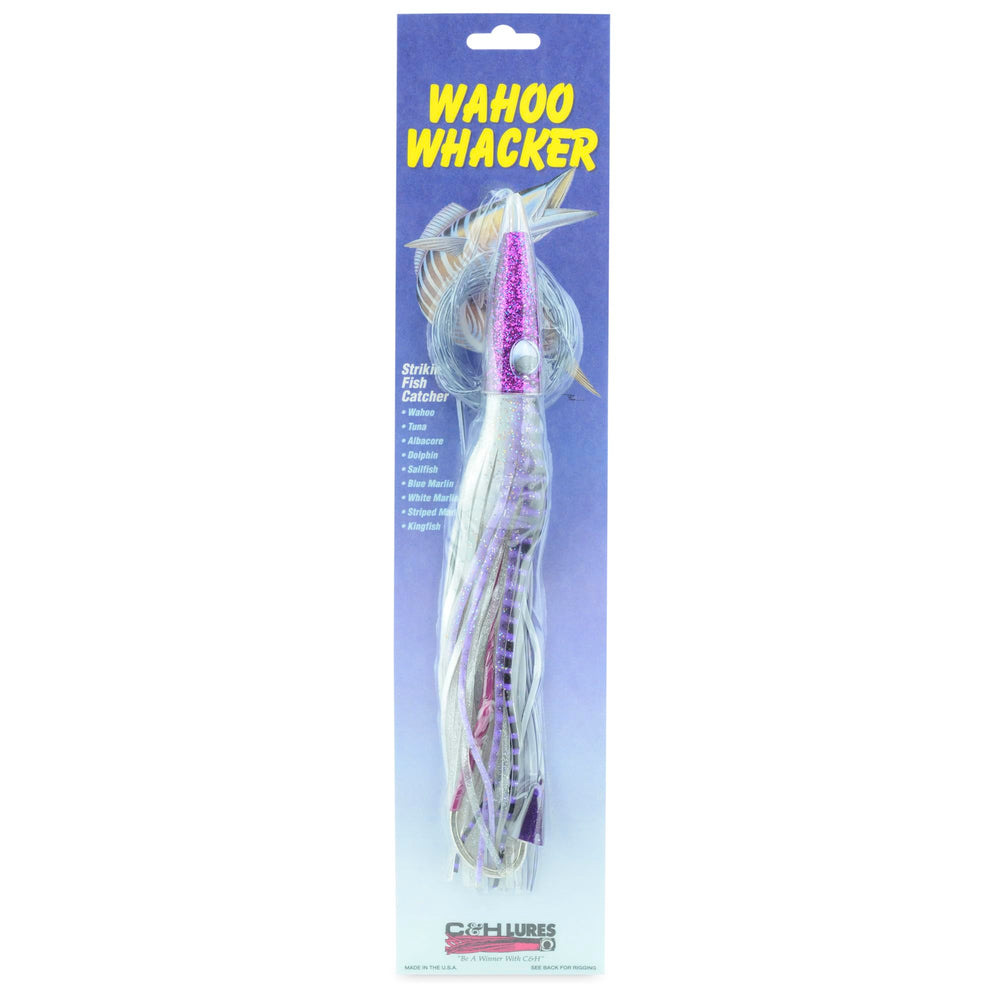 C&H Lures Wahoo Whacker purple/white skirt enhances visibility during trolling.