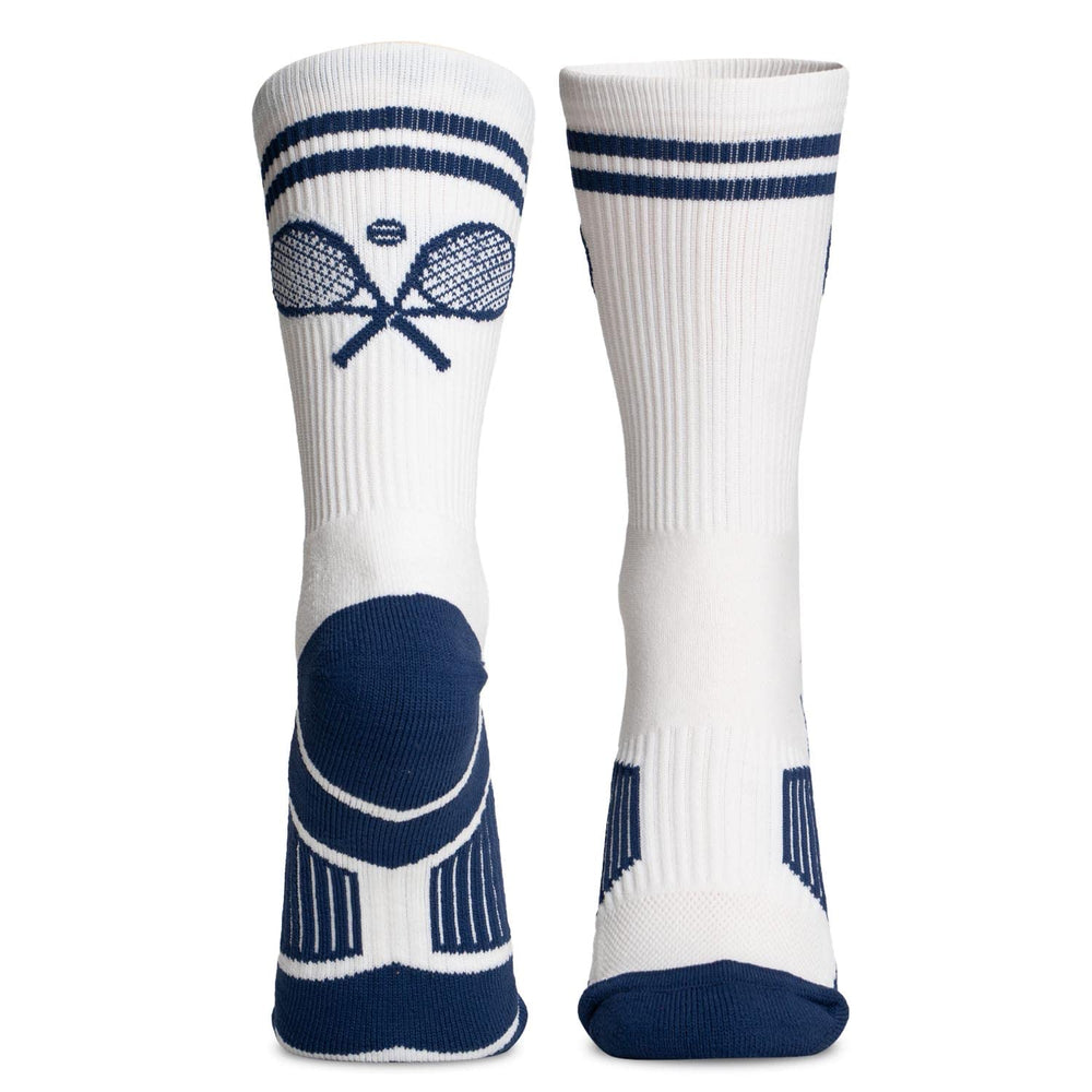 ChalkTalkSPORTS tennis performance crew socks cross-racquets navy closeup showing cushioned support