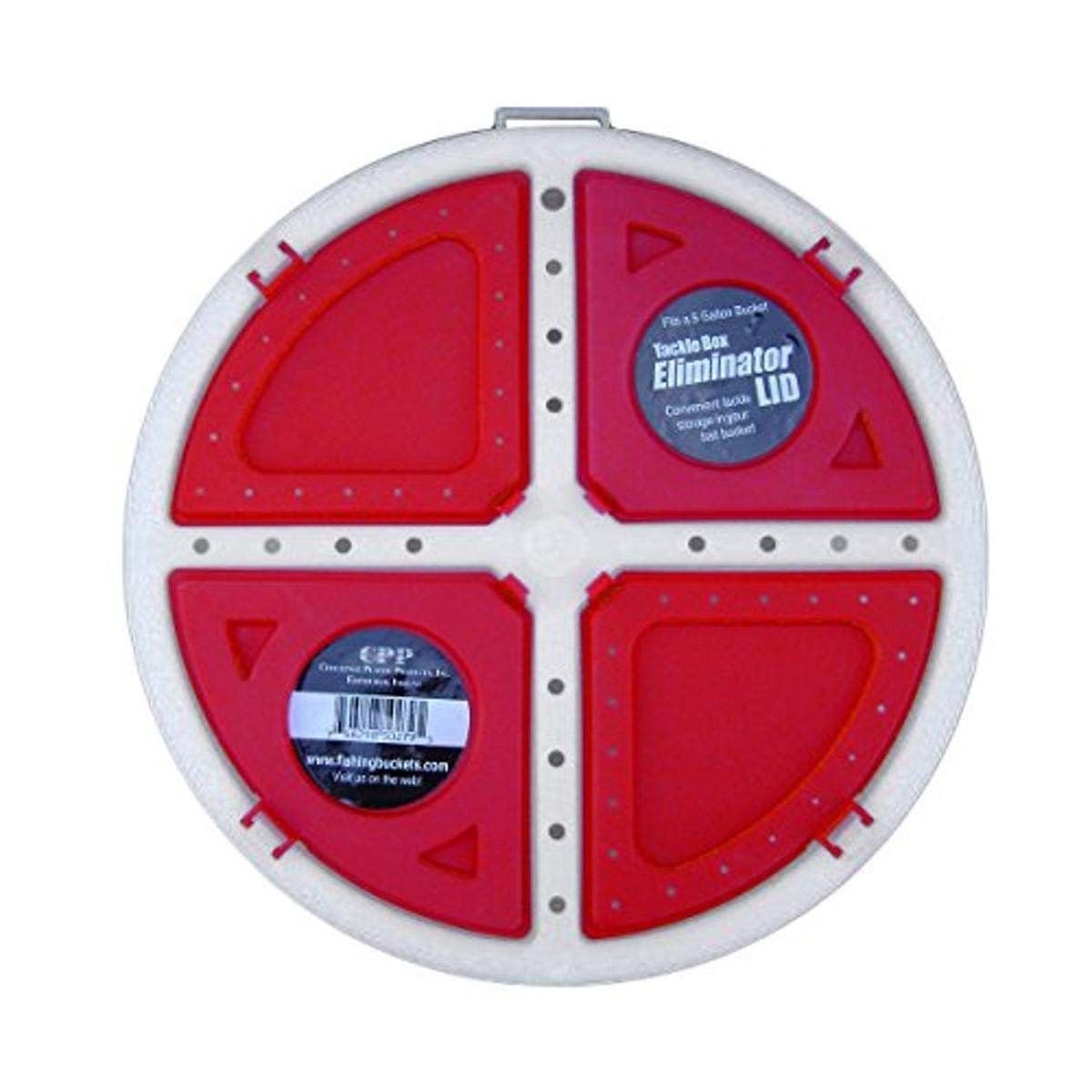 Challenge Plastics 5-gallon bait bucket lid with three tackle compartments keeps gear organized.