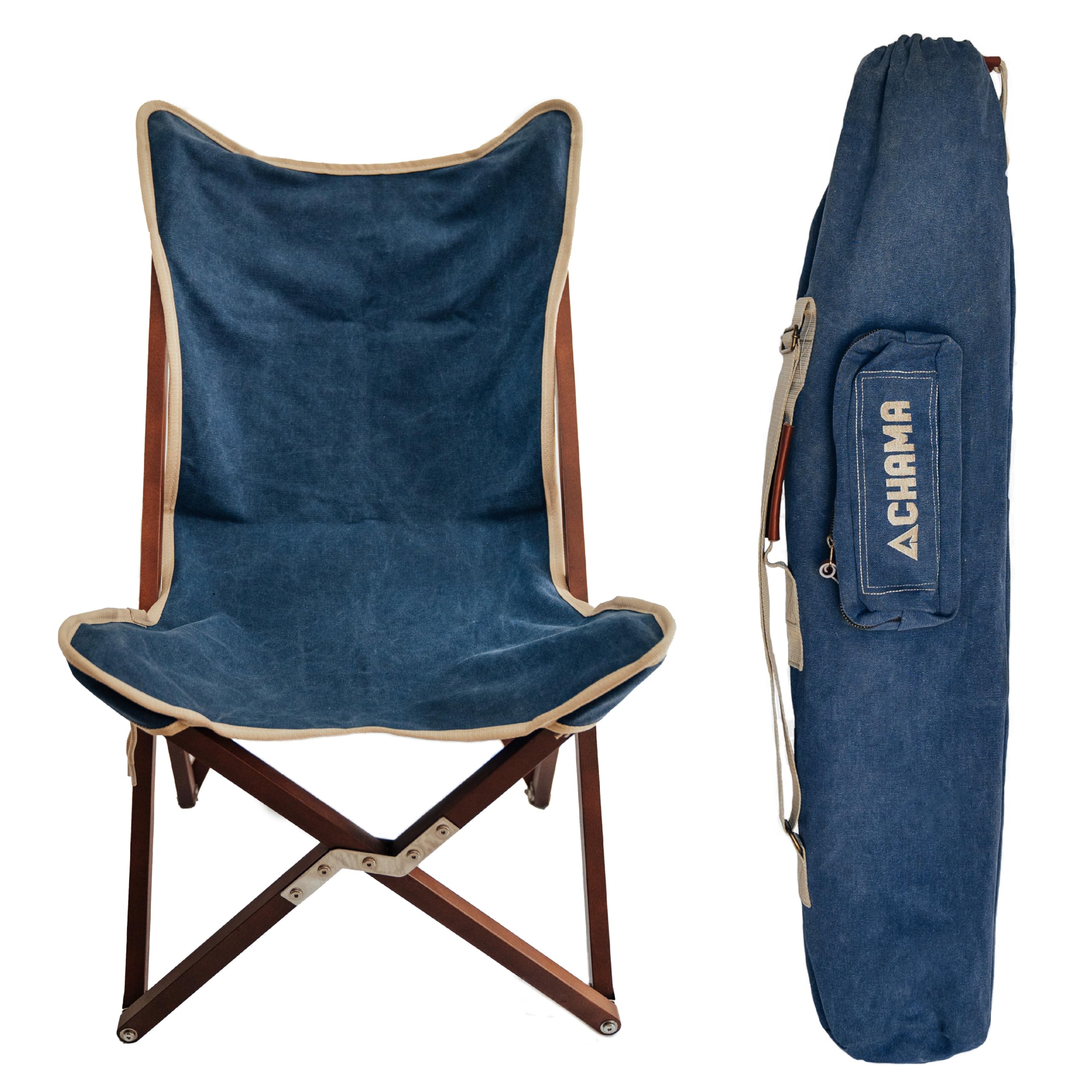 CHAMA Vaquero chair in navy and bone offers comfortable outdoor seating.