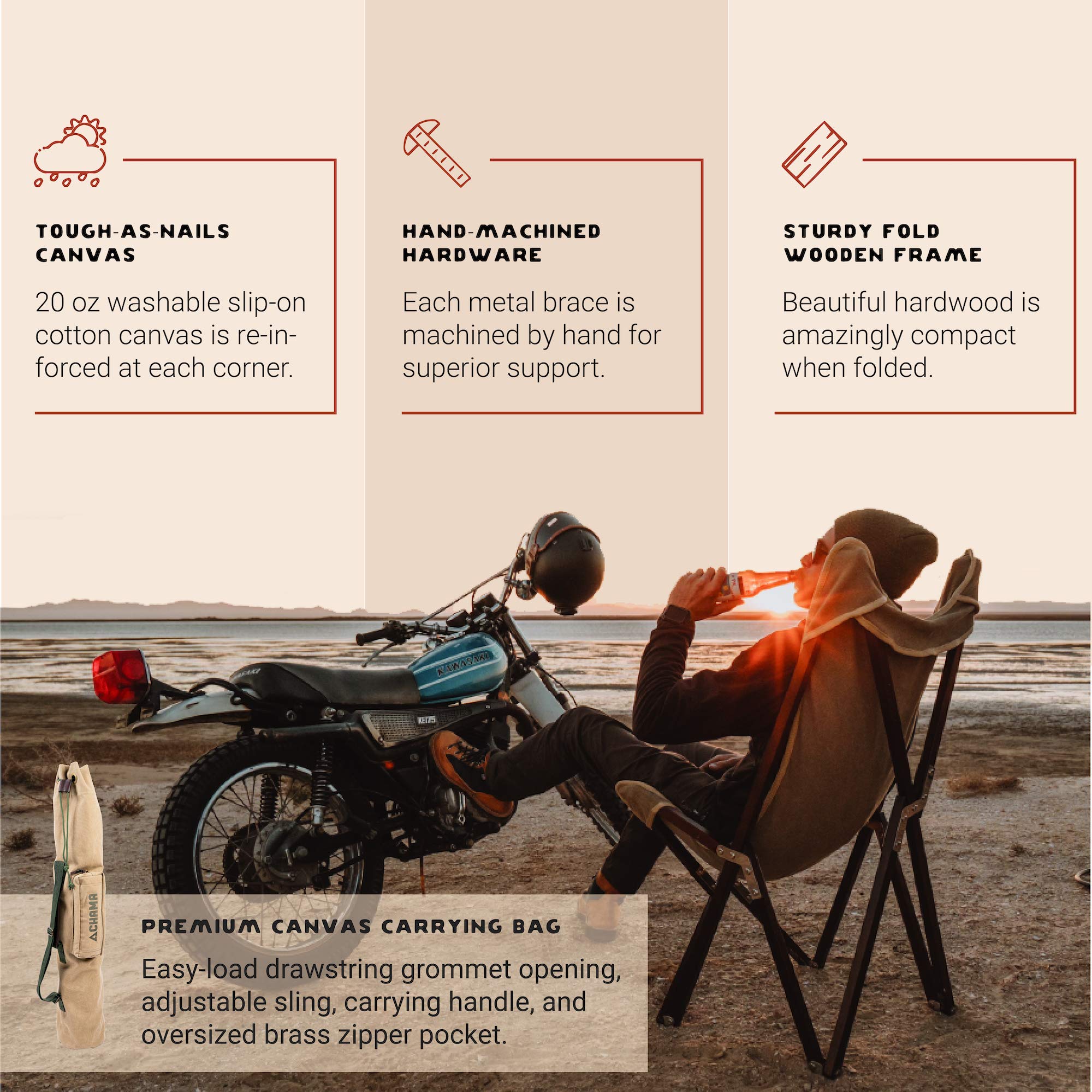 CHAMA Vaquero chair in use at a campsite for comfortable outdoor seating.