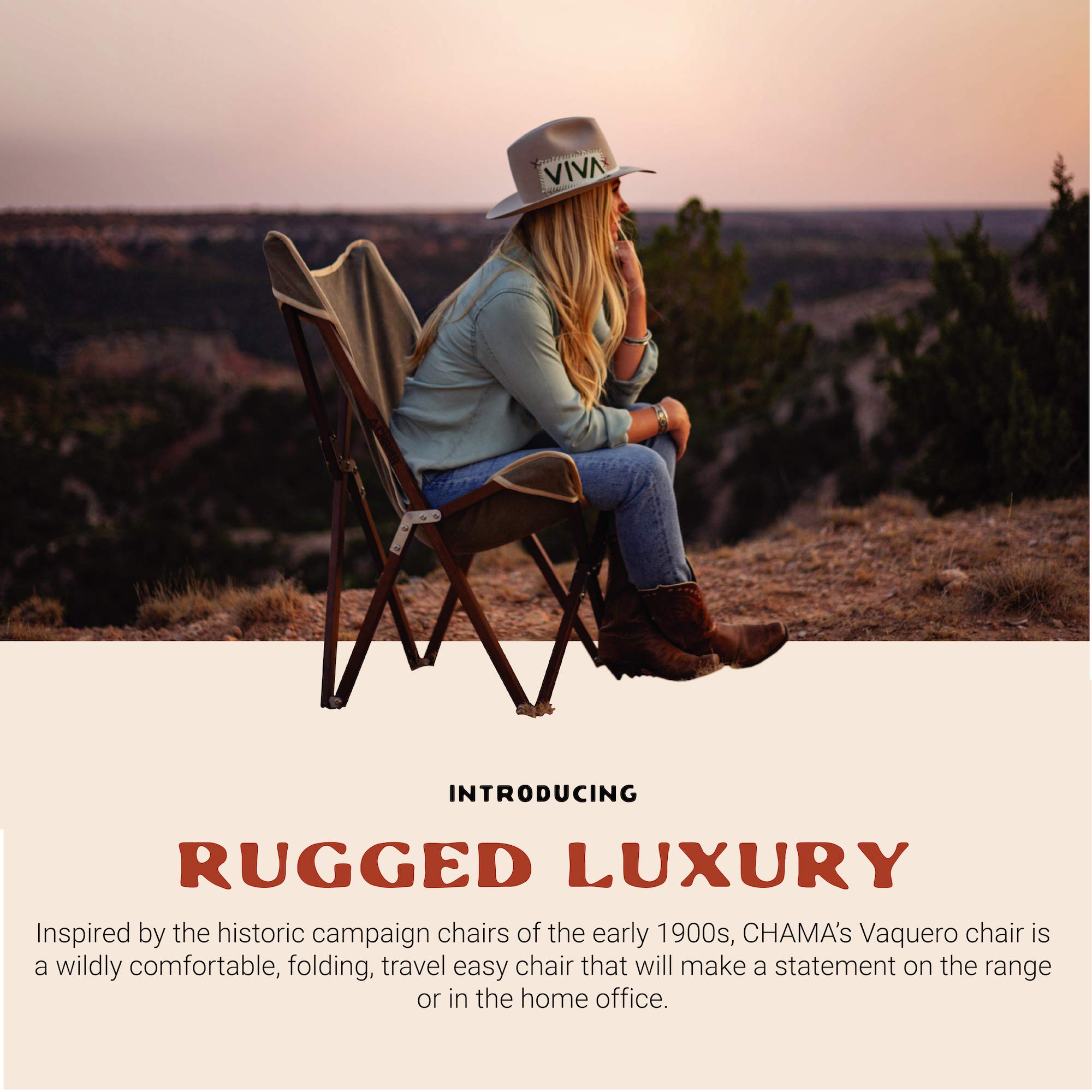 CHAMA Vaquero chair side view highlights compact fold and transport ease.