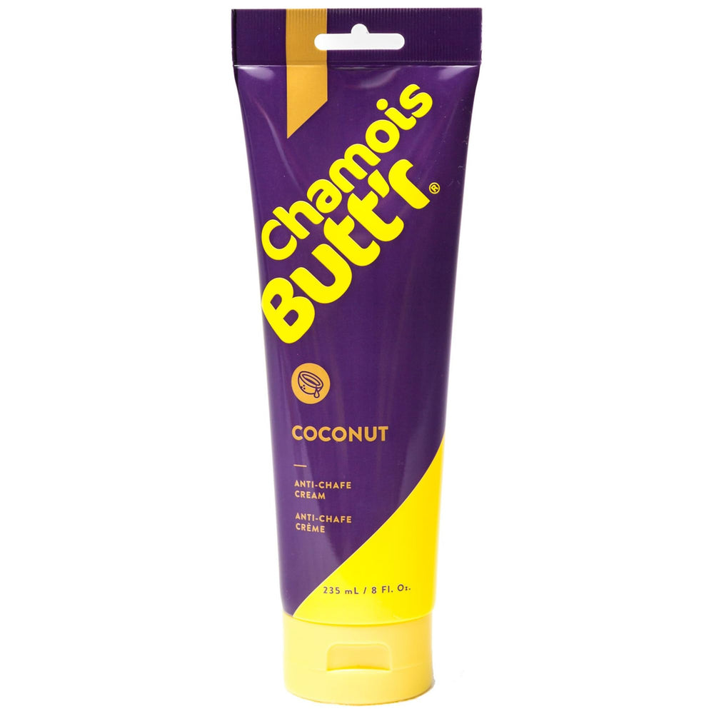 Chamois Butt'r Coconut anti-chafe cream 8oz tube shown for smooth rides with reduced friction.