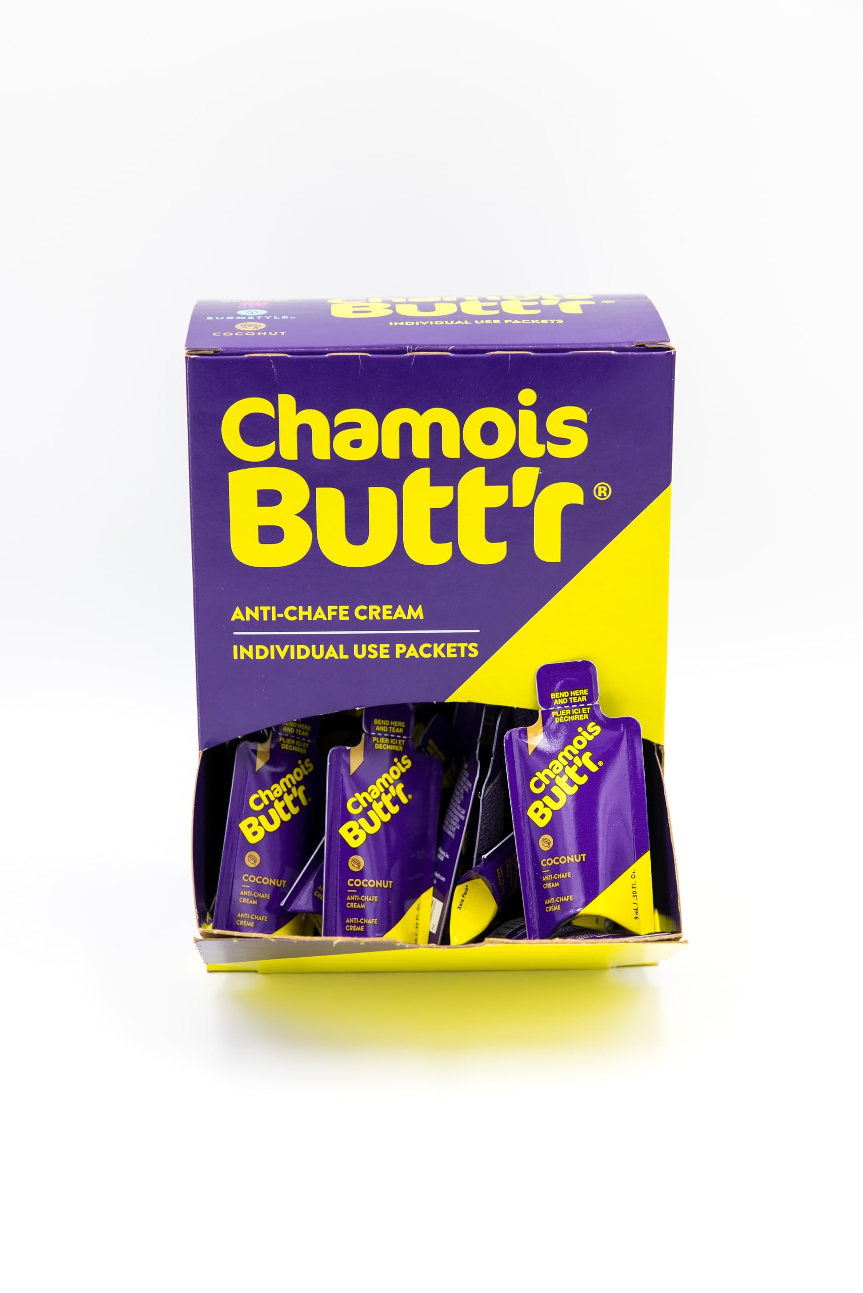 Chamois Butt'r Coconut packets closeup for easy pre-ride protection.