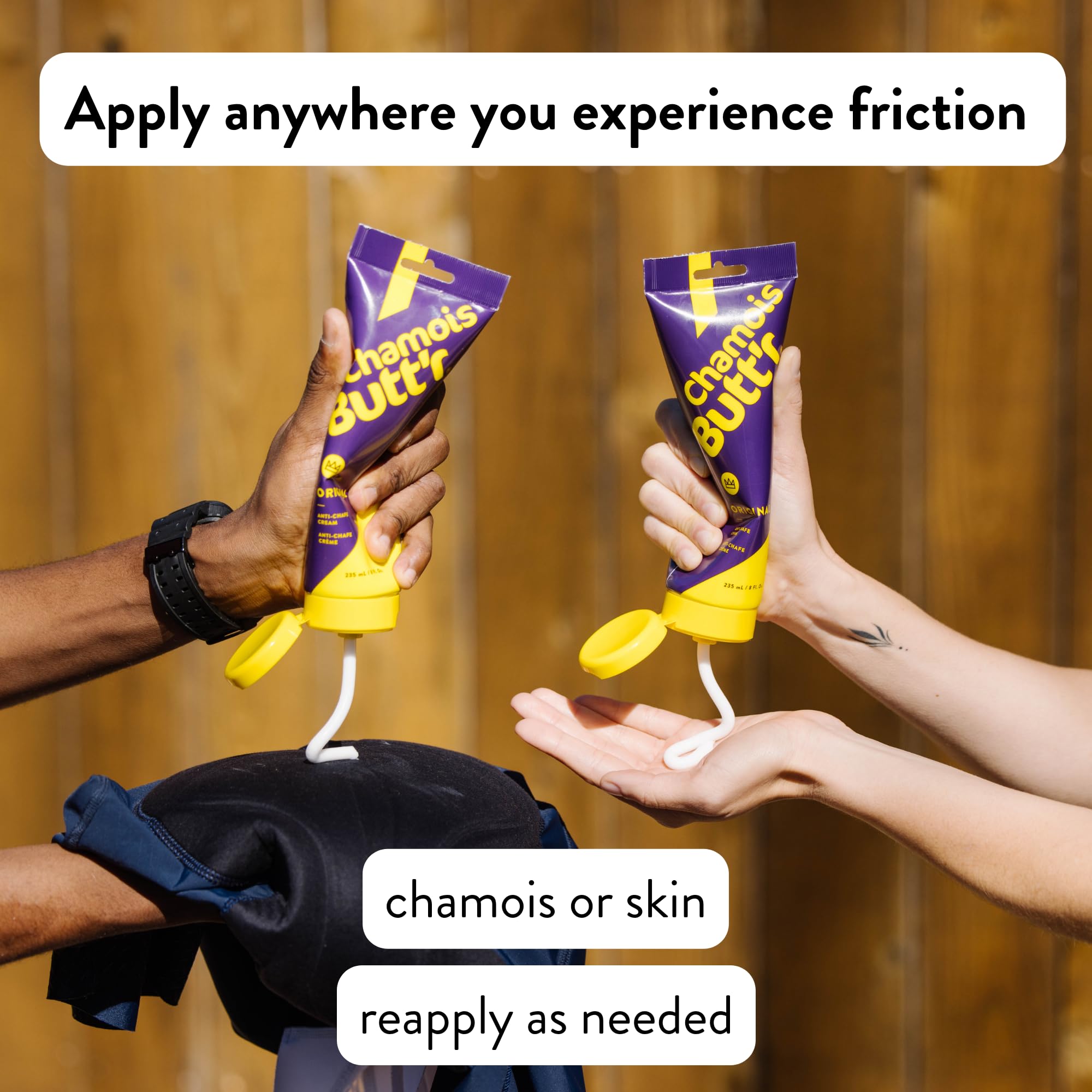 Chamois Butt'r dispensing close-up ideal for pre-ride lubrication and quick use.