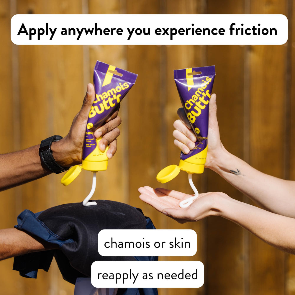Chamois Butt'r dispensing close-up ideal for pre-ride lubrication and quick use.