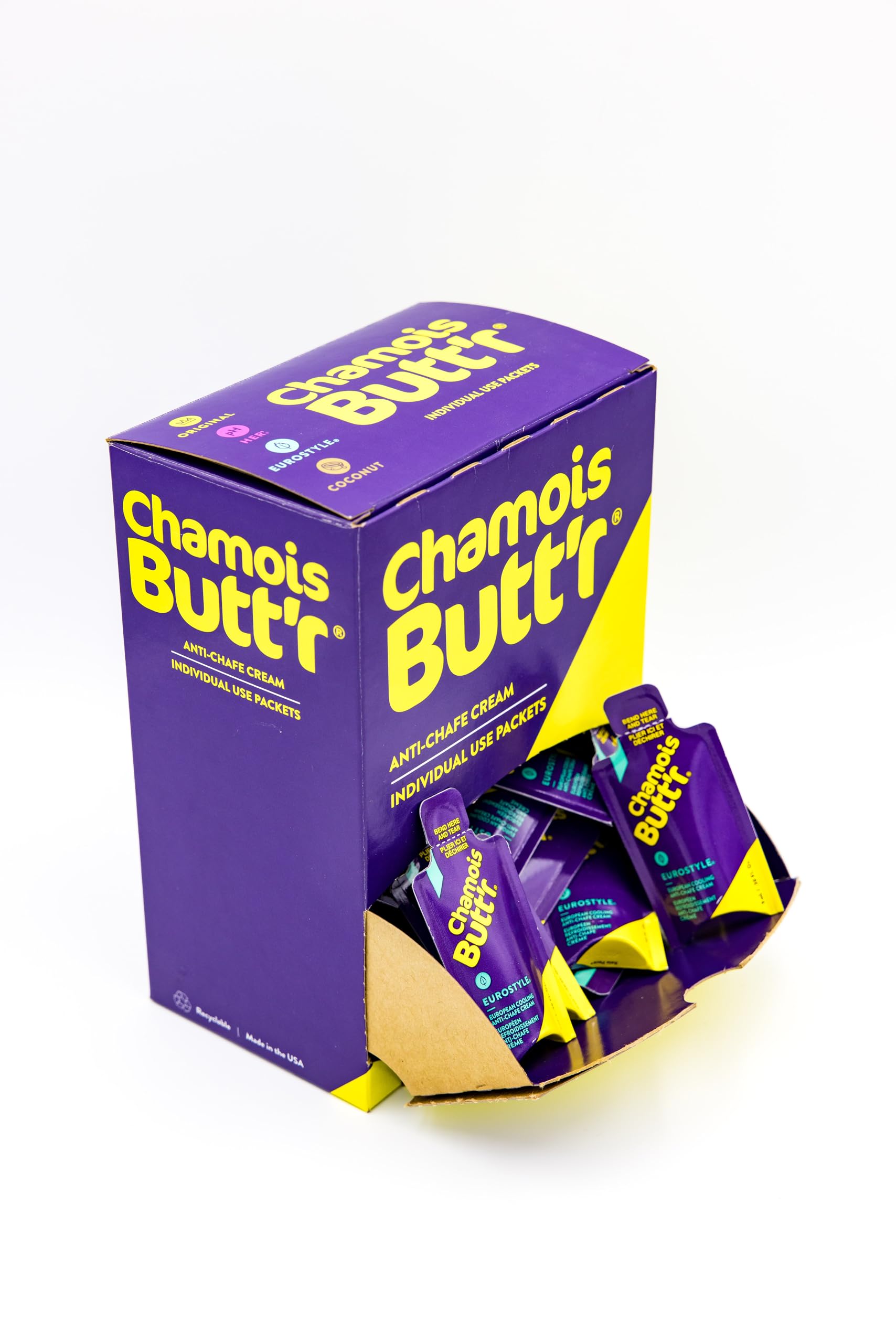 Close-up of Chamois Butt'r Eurostyle menthol packet highlighting on-skin lubrication