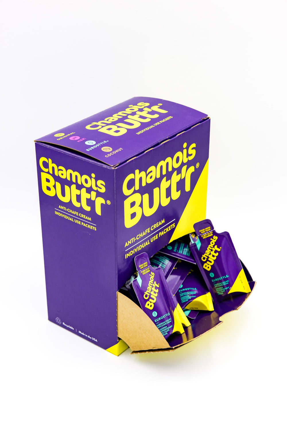 Close-up of Chamois Butt'r Eurostyle menthol packet highlighting on-skin lubrication