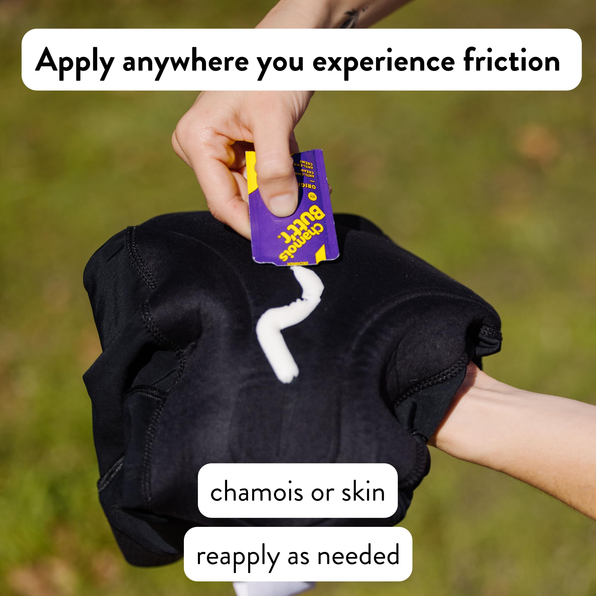 Chamois Butt'r Original cream dispense close-up promotes easy application