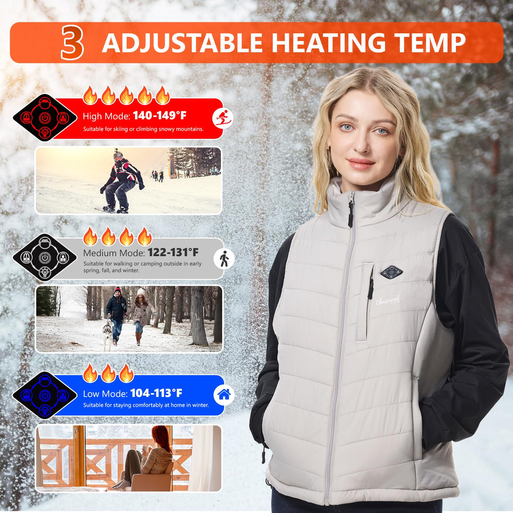 CHAPAREL woman’s heated vest with battery pack included supports USB charging.
