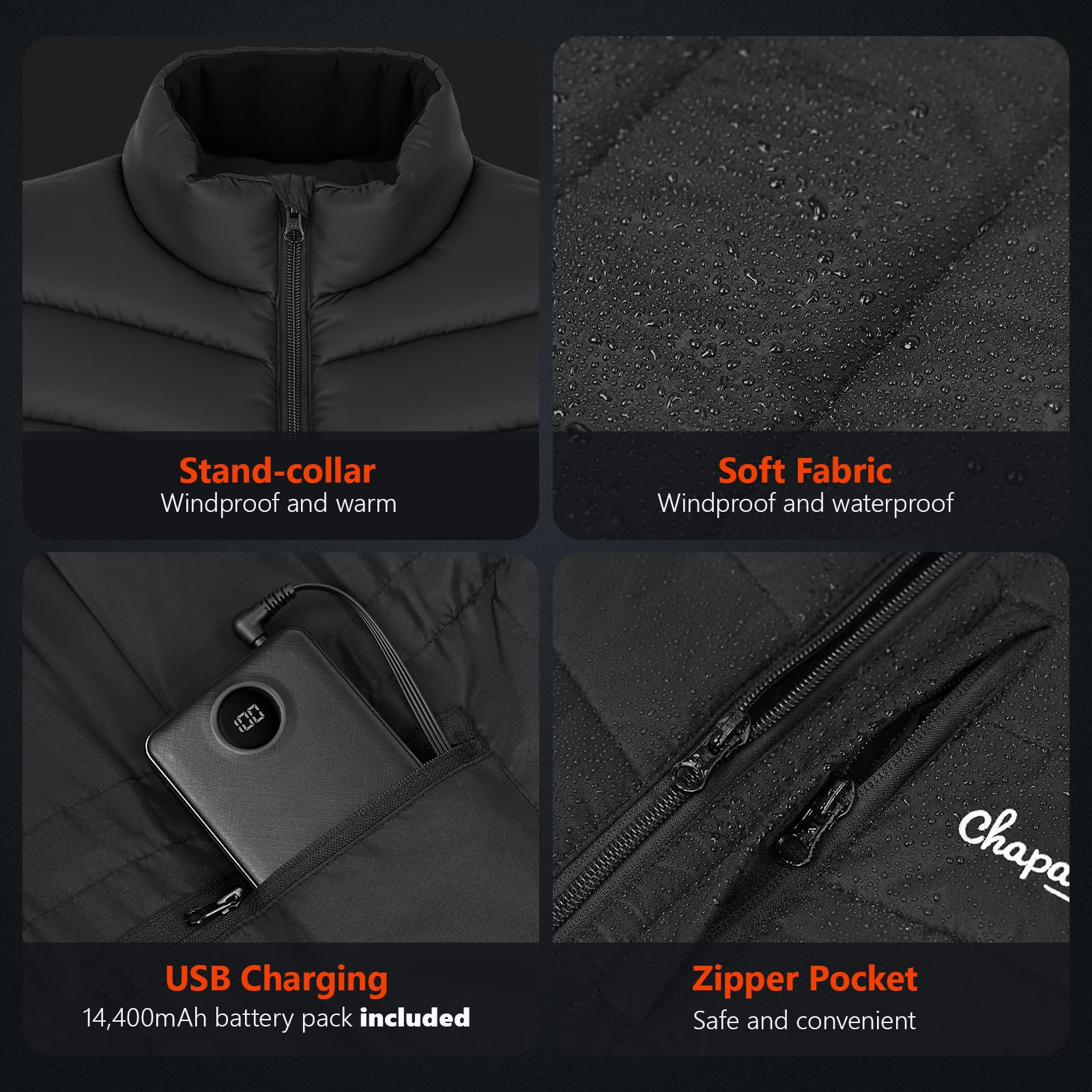 CHAPAREL Womens Heated Vest heat zones showing neck, waist, back and abdomen targeting warmth.