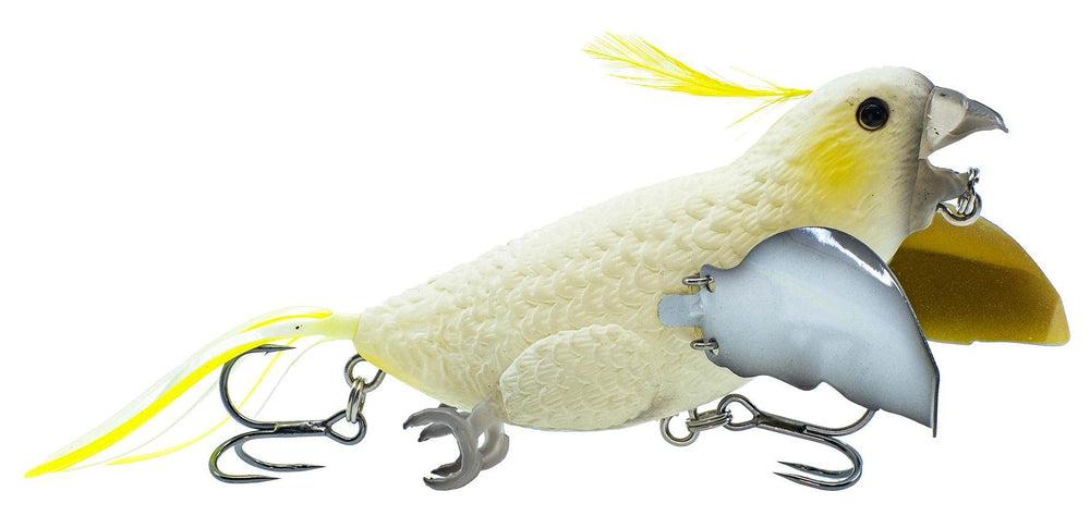 Chasebaits Smuggler 2.5 White Cockatoo front view highlights lifelike topwater presentation