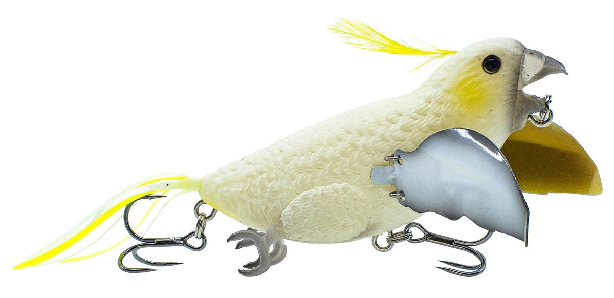Chasebaits Smuggler 2.5 White Cockatoo front view highlights lifelike topwater presentation