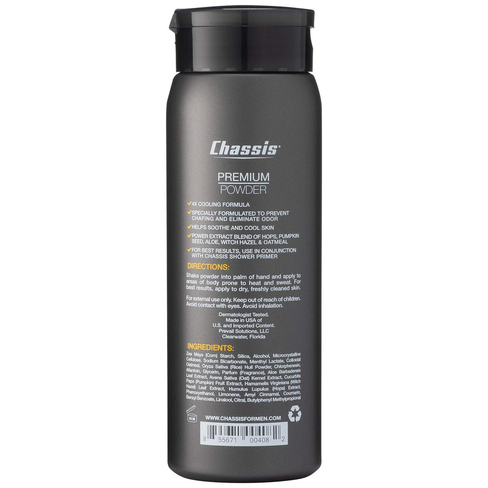 Chassis Ice Premium Body Powder dry feel helps stay fresh through the day.