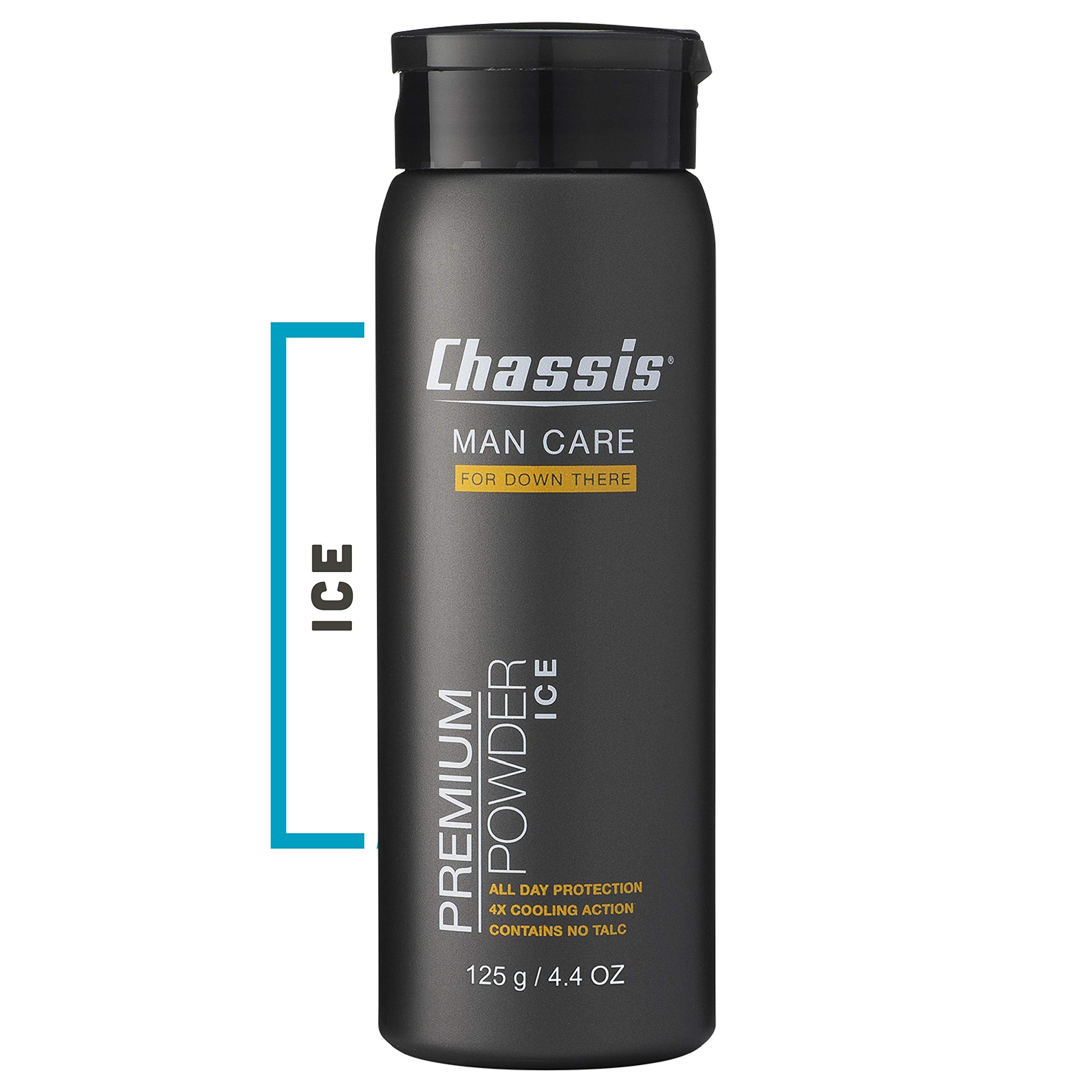 Chassis Ice Premium Body Powder packaging showcases the premium men's odor-control solution.
