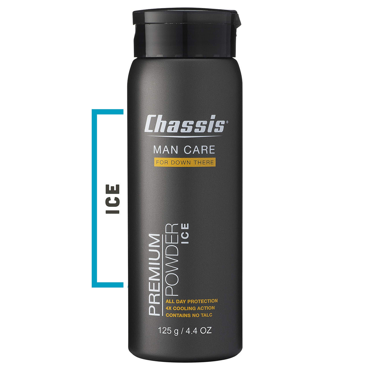 Chassis Ice Premium Body Powder packaging showcases the premium men's odor-control solution.
