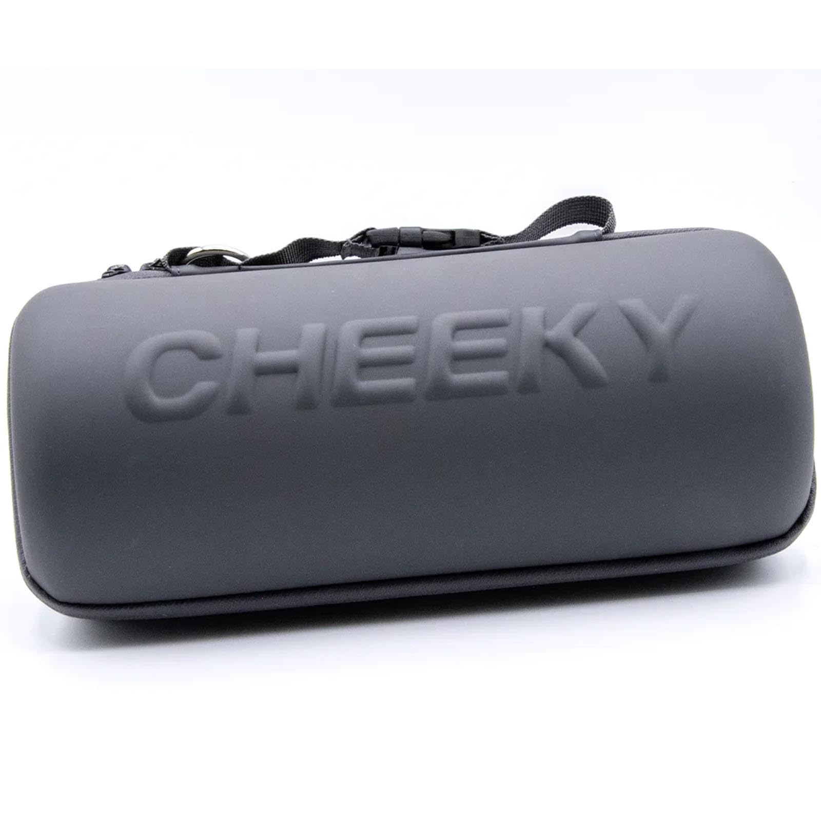 Cheeky Reel Capsule Case grey front view shows compact design with logo
