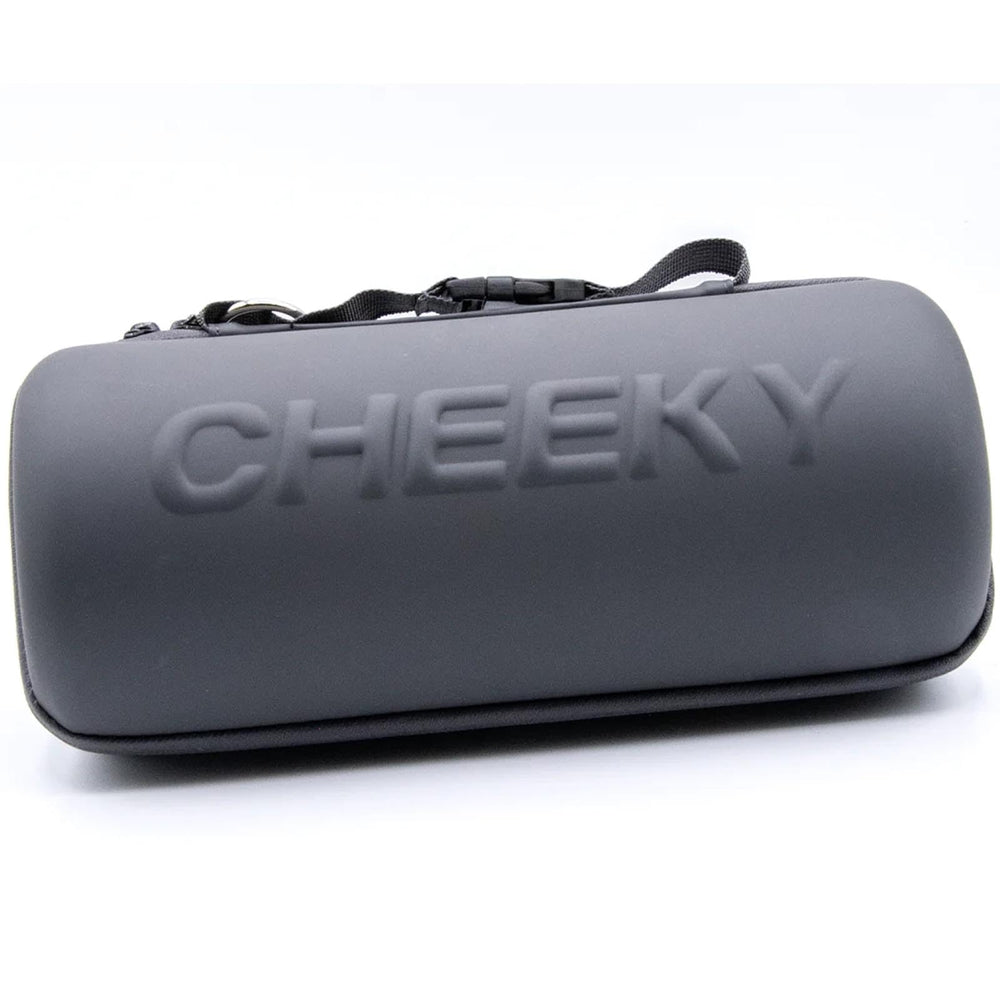 Cheeky Reel Capsule Case grey front view shows compact design with logo