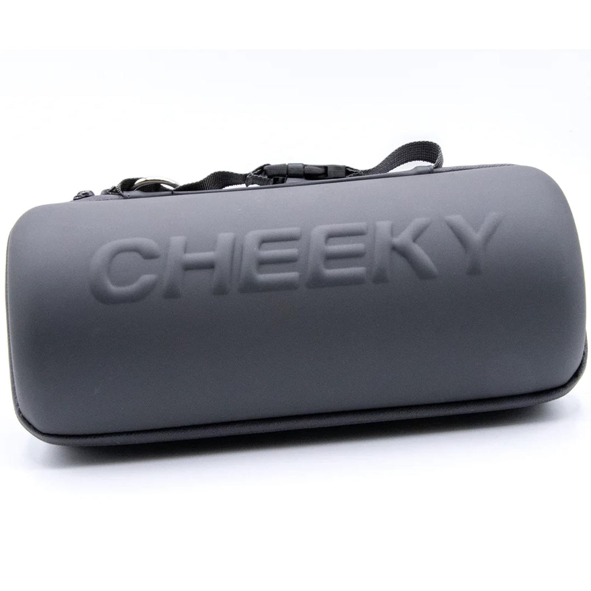 Cheeky Reel Capsule Case grey front view shows compact design with logo