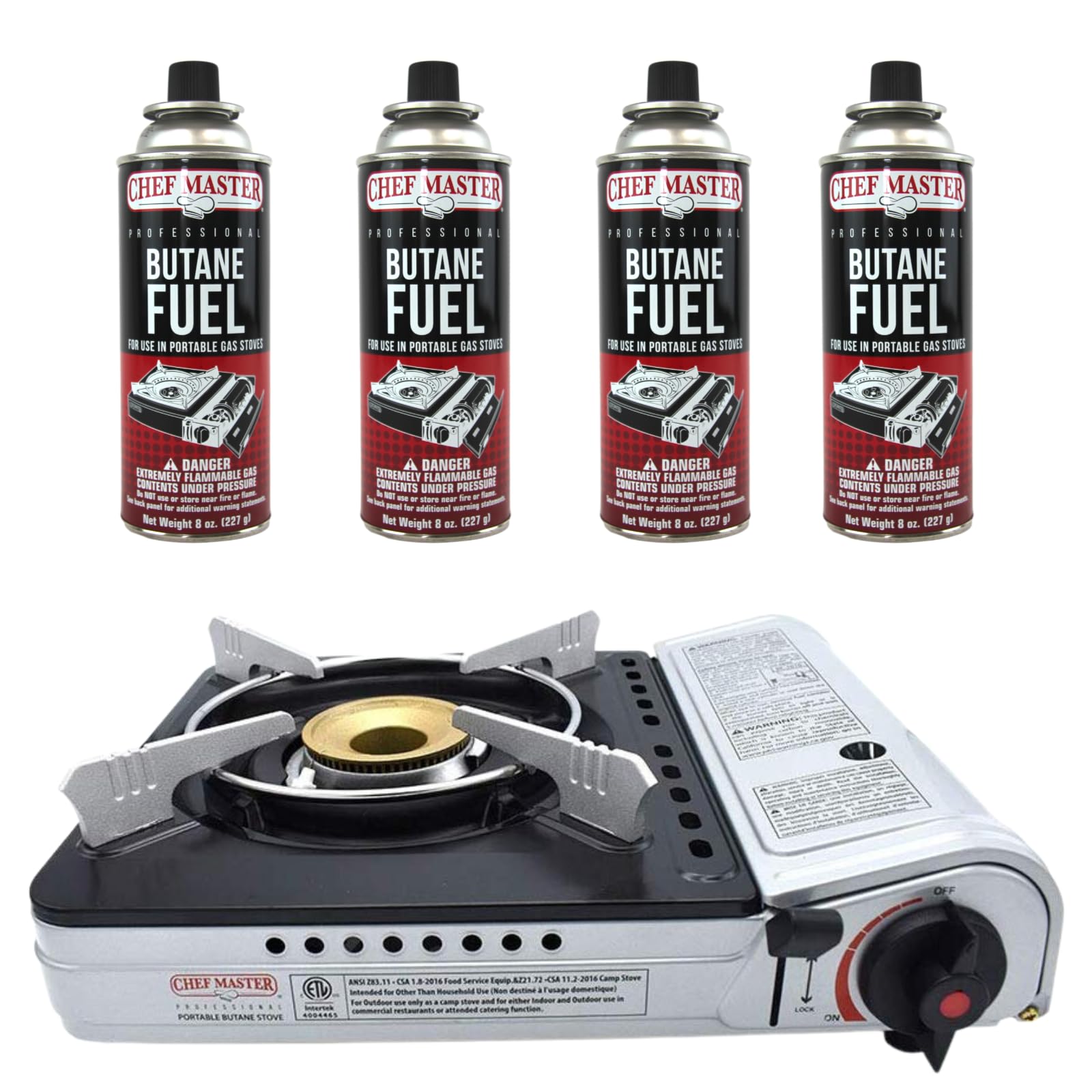 Chef Master 12k BTU stove top view for compact camp cooking in action