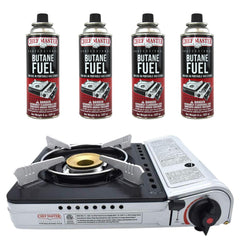 Chef Master 12k BTU stove top view for compact camp cooking in action