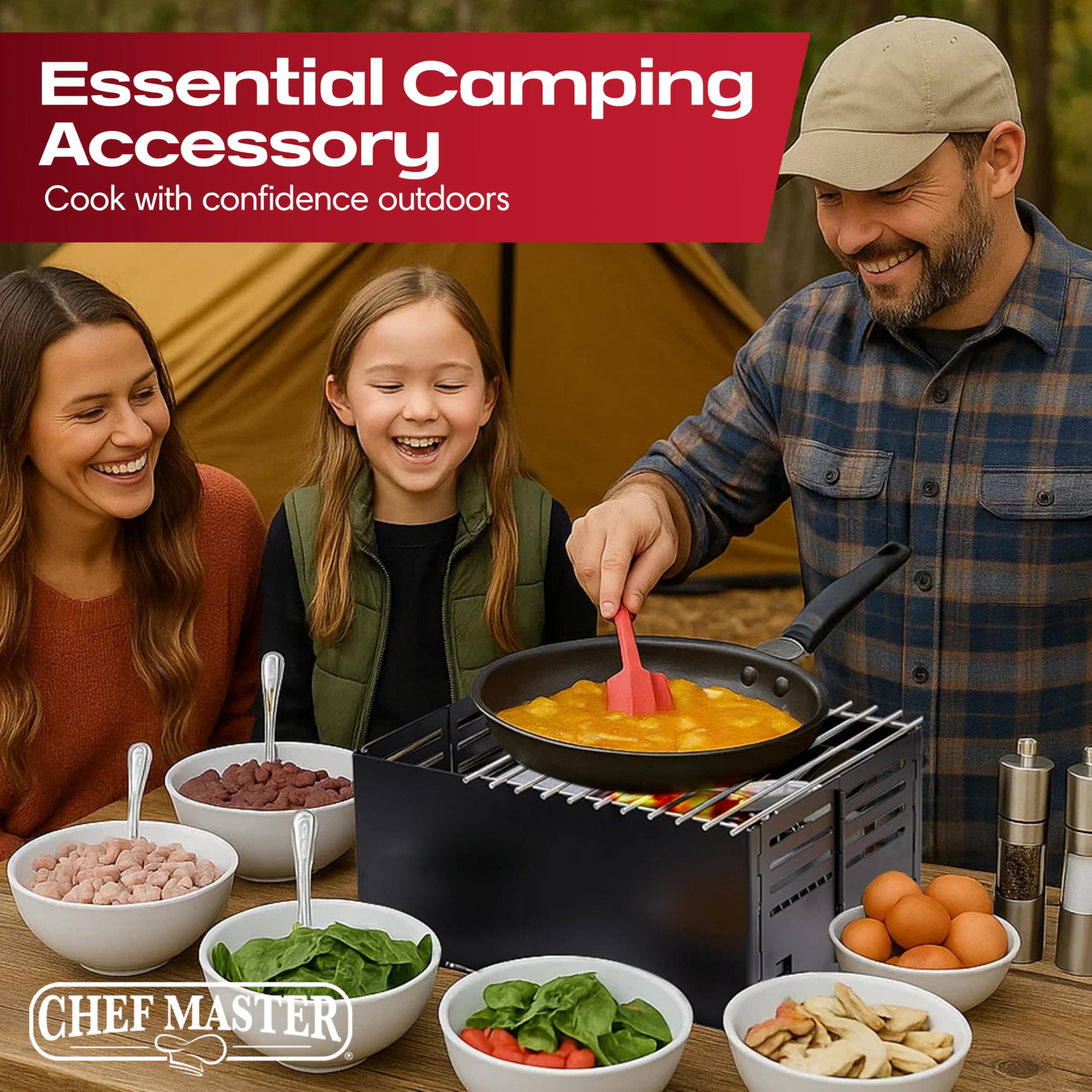 Dishwasher-safe wind shield for easy cleanup after cooking.