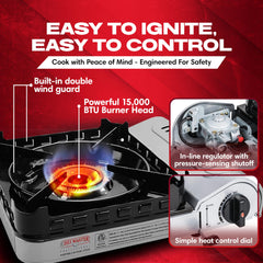 Chef Master double wind guard burner protects flame during windy outdoor meals